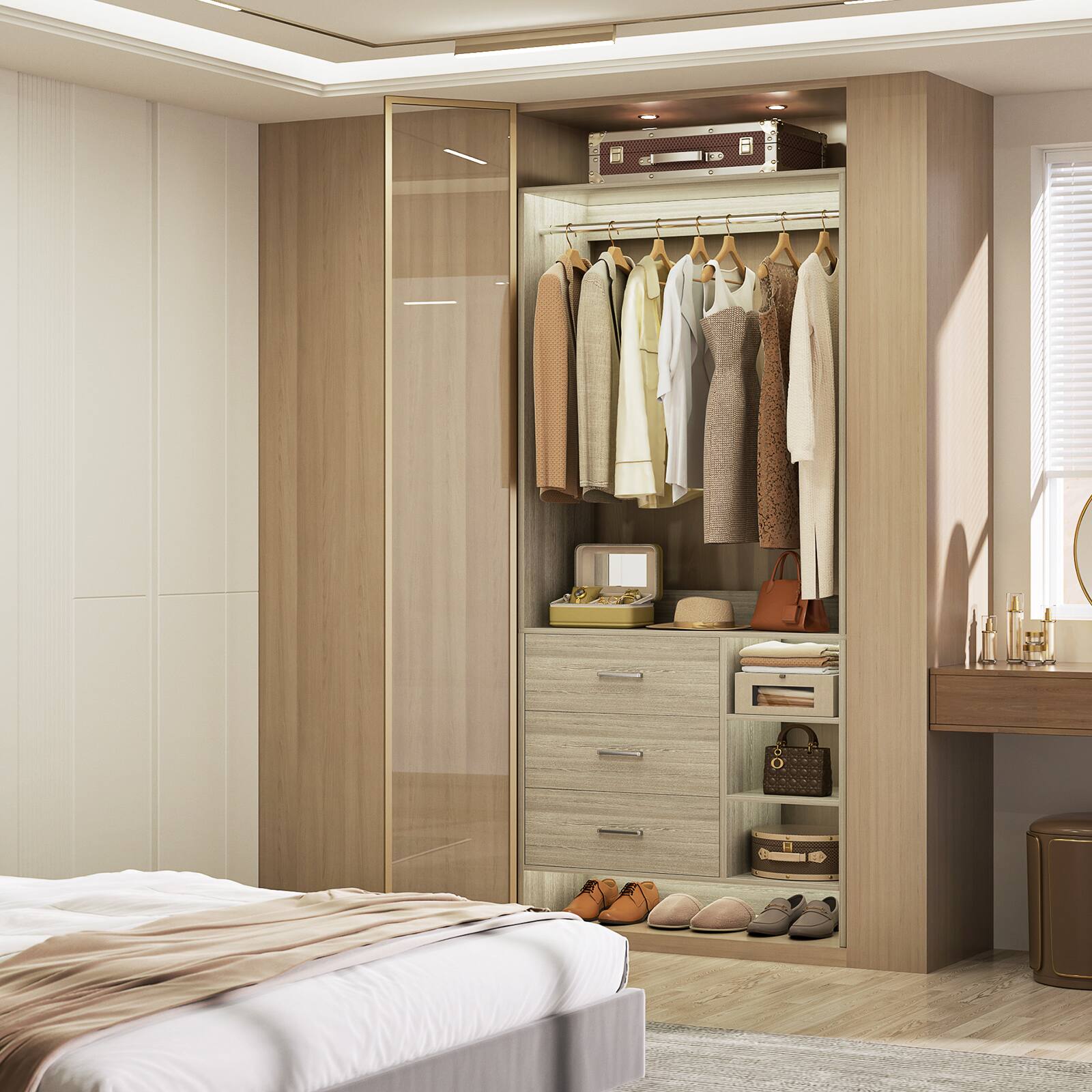 Alt View 4. Aheaplus - 2.5FT Closet System with 3 Drawers, 29.6'' Closet Organizer with Hanging Rod and Shelves - Beige Oak.