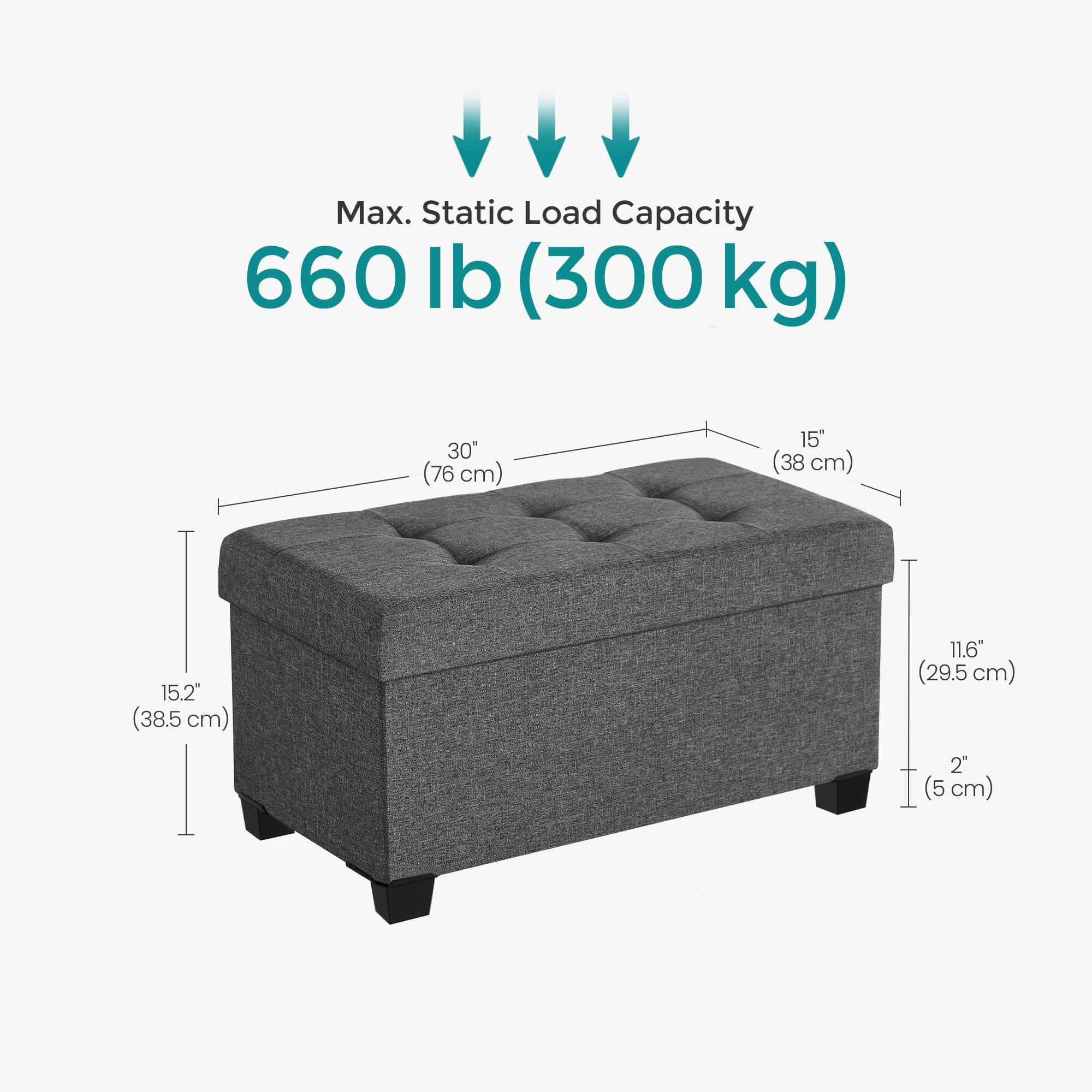 Max. Static Load Capacity: 660 lb (300 kg)

Dimensions:
- Length: 30" (76 cm)
- Width: 15" (38 cm)
- Height: 15.2" (38.5 cm)
- Depth: 11.6" (29.5 cm)
- Leg Height: 2" (5 cm)