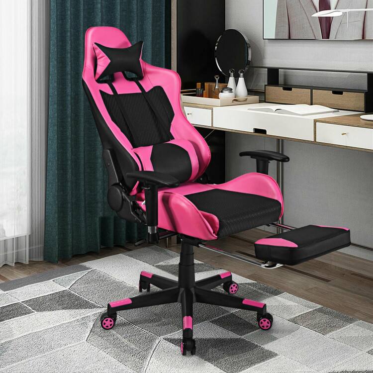Back. SKONYON - PU Leather Gaming Chair with Massage Lumbar and Footrest - Pink.