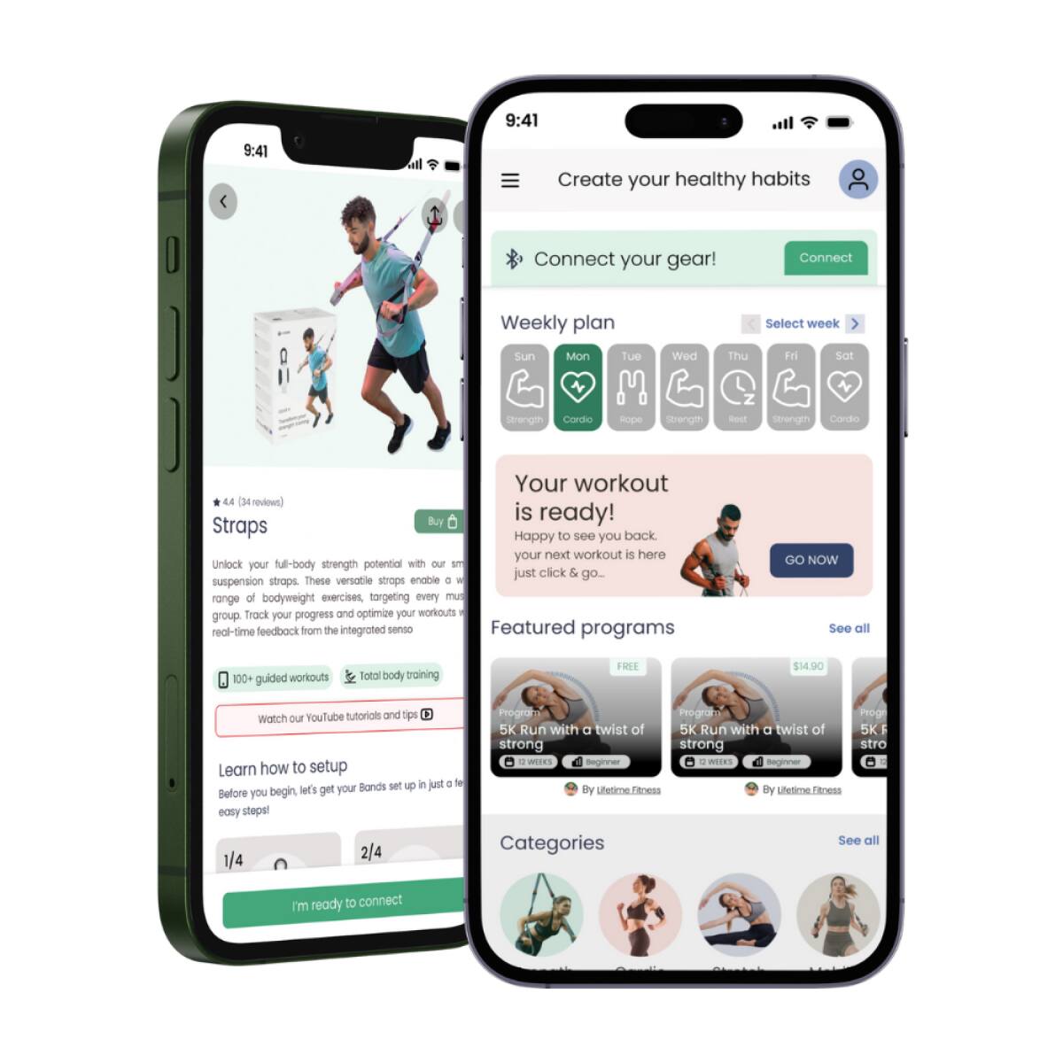 Sure, here is the corrected and grouped text from the image:

---

**Create your healthy habits**

**Connect your gear!**  
[Connect button]

**Weekly plan**  
[Select week dropdown]  
Sun Mon Tue Wed Thu Fri Sat  
[Icons for each day: Strength, Cardio, Rope, Strength, Rest, Strength, Cardio]

**Your workout is ready!**  
Happy to see you back. Your next workout is here. Just click & go...  
[GO NOW button]

**Featured programs**  
[Programs with images and details]  
- 5K Run with a twist of strong  
  [FREE]  
  [By Lifetime Fitness]  
- 5K Run with a twist of strong  
  [FREE]  
  [By Lifetime Fitness]  
- 5K Run with a twist of strong  
  [FREE]  
  [By Lifetime Fitness]  
[See all button]

**Categories**  
[Icons for different categories]  
[See all button]

---

**Straps**  
[Image of straps and a person using them]  
[Rating: 4.4 (34 reviews)]  
[Buy button]

Unlock your full-body strength potential with our suspension straps. These versatile straps enable a wide