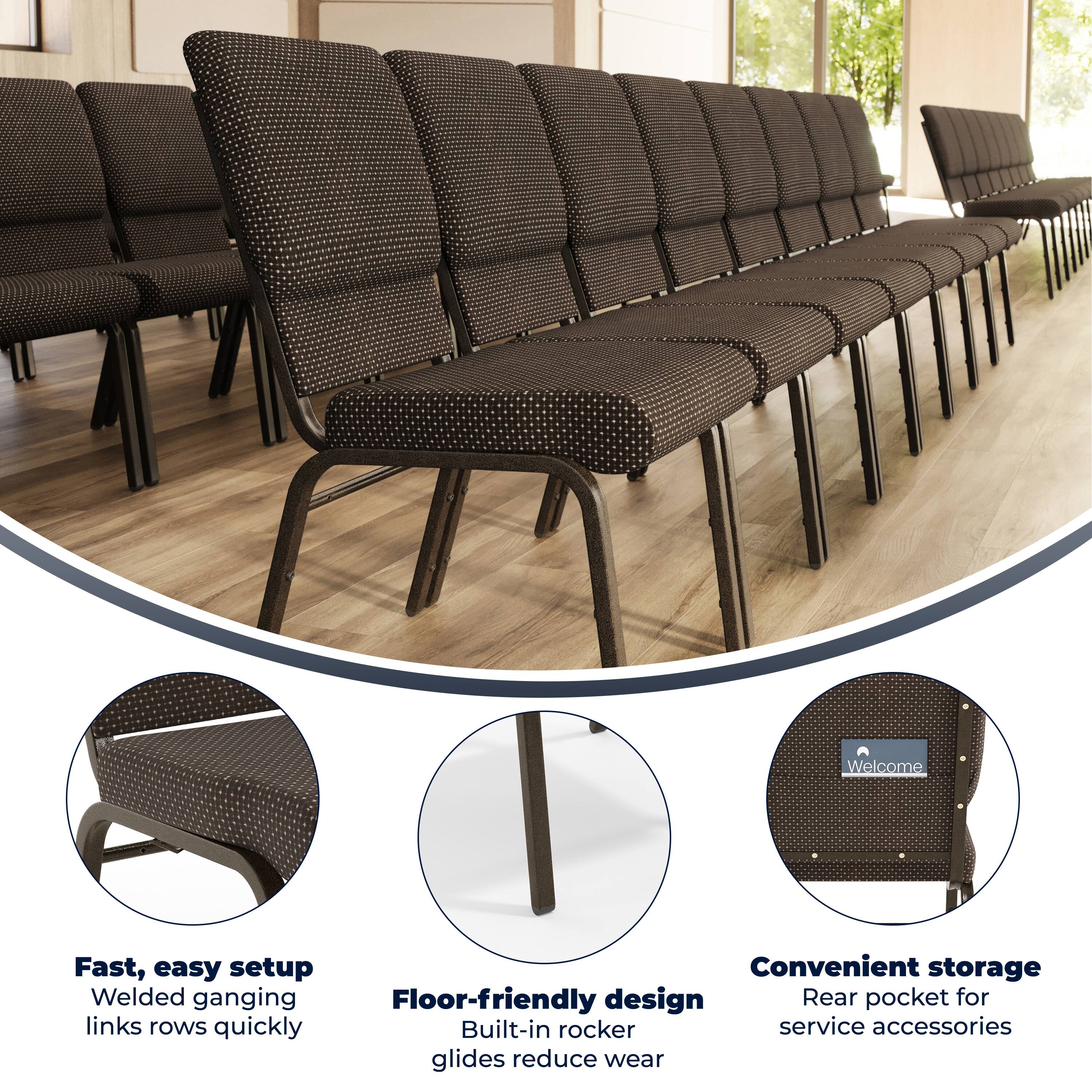 Welcome

Fast, easy setup  
Welded ganging links rows quickly

Convenient storage  
Rear pocket for service accessories

Floor-friendly design  
Built-in rocker glides reduce wear