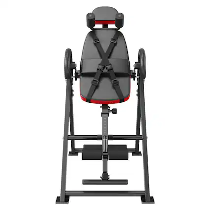 Front. VEVOR - Inversion Table, 300 lbs Capacity Heavy Duty Inversion Table, Decompression Back Stretcher Machine - Red, black.