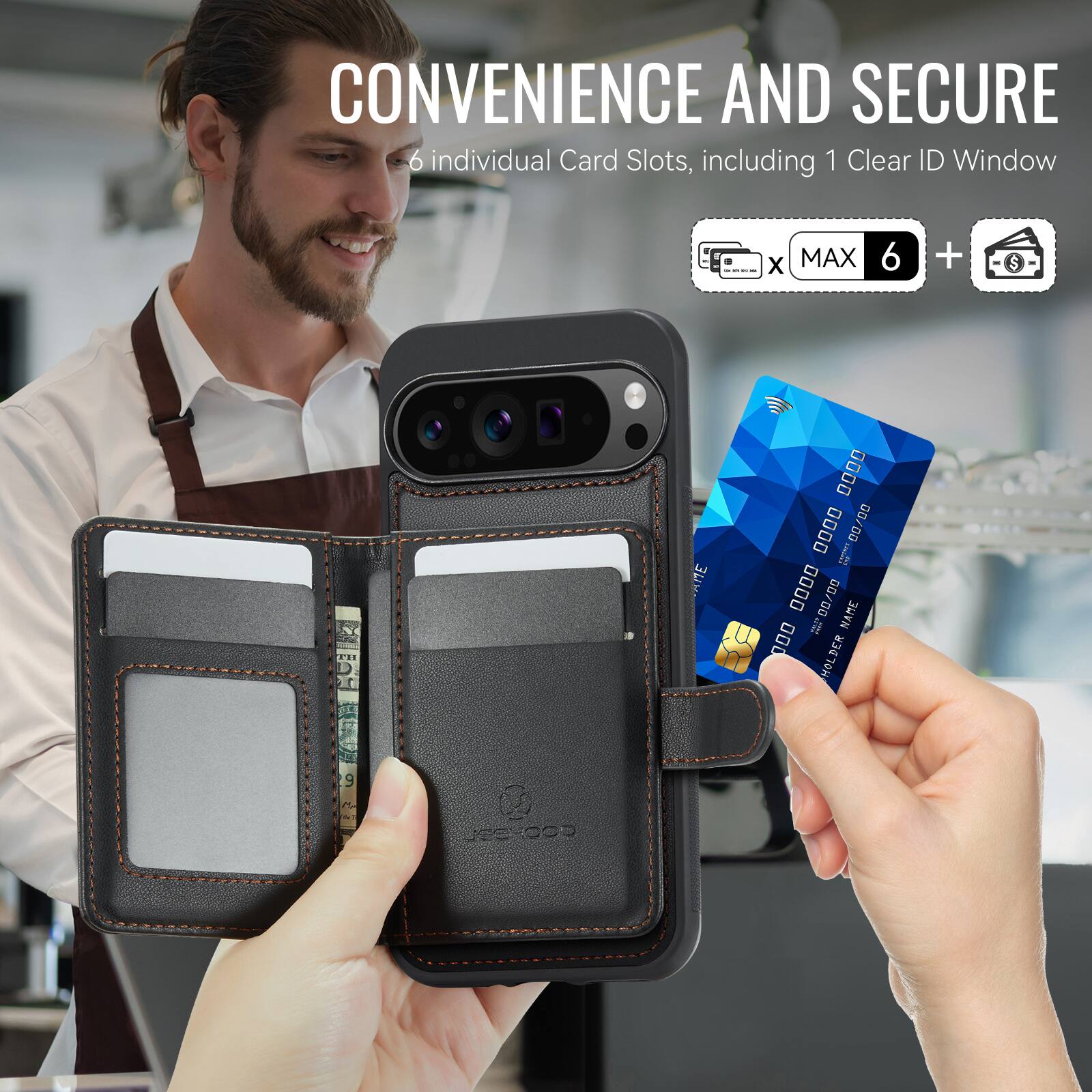 CONVENIENCE AND SECURE  
6 individual Card Slots, including 1 Clear ID Window  
MAX 6 + $  
ANE 0000 0000 00/00  
DO Ia 0000 00/00  
NAME 000 HOLDER DER 9 MEXOOD