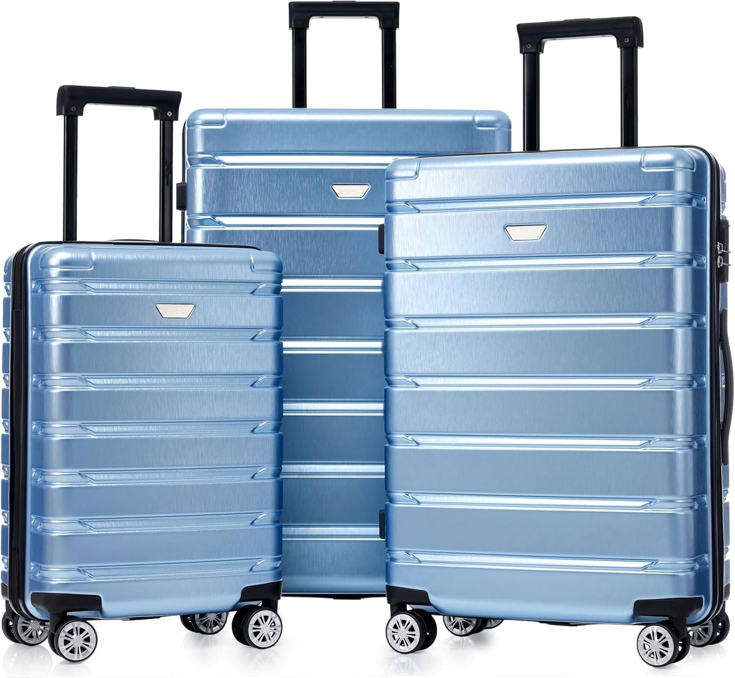 Front. MOOSOO - Luggage Set 3 Piece, Hard Shell PC+ABS Lightweight Suitcase Set with Spinner Wheels, for Travel Women Men - Blue.