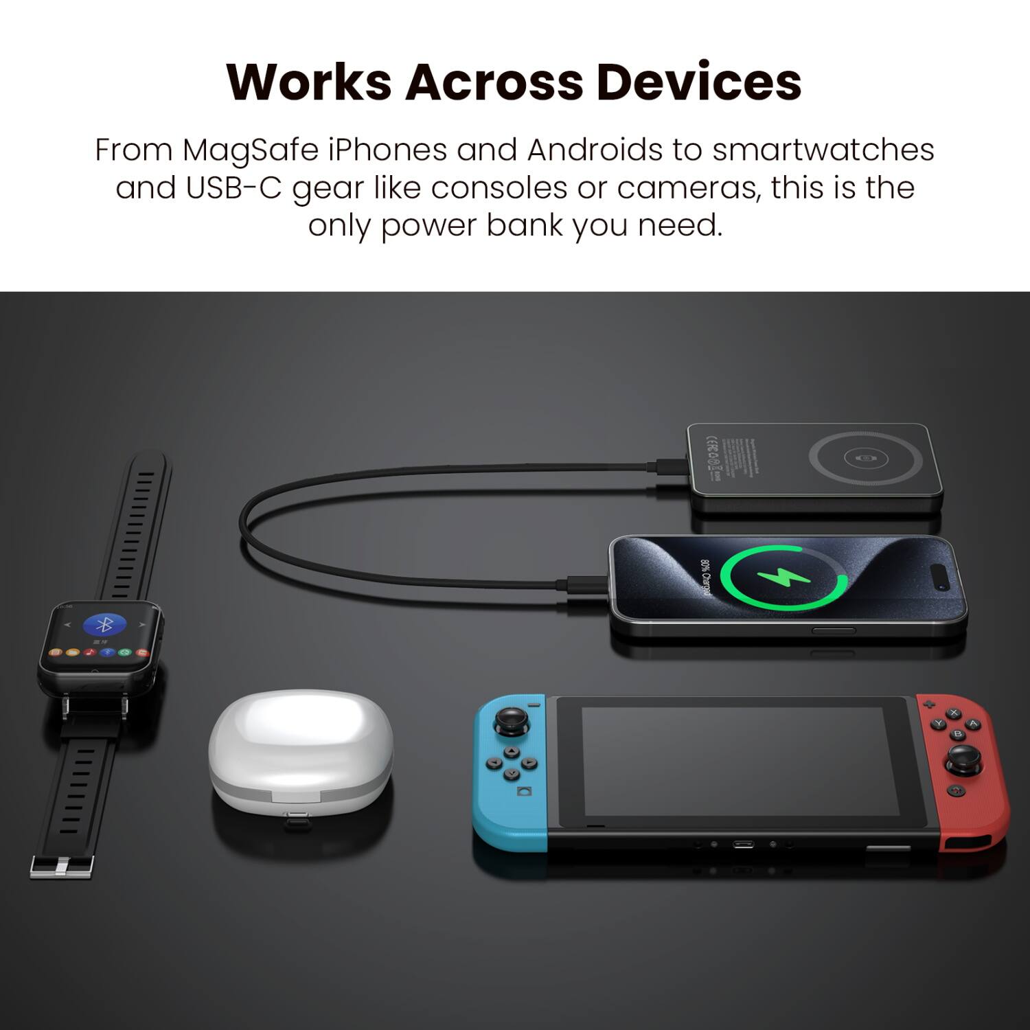 Works Across Devices

From MagSafe iPhones and Androids to smartwatches and USB-C gear like consoles or cameras, this is the only power bank you need.