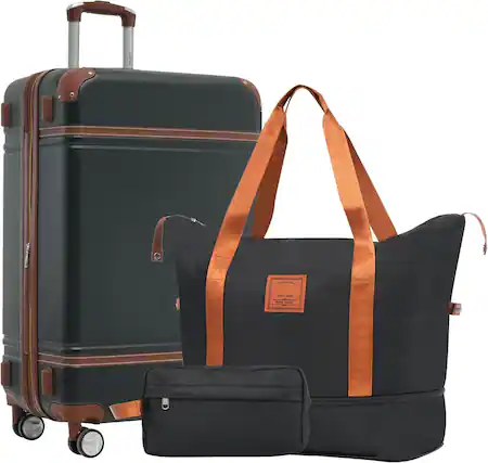 Front. MOOSOO - 24 IN Hardside Suitcase with Duffel Bags, 3 Piece Expandable Luggage with Spinner Wheels, Vintage Luggage with TSA Lock - Black.