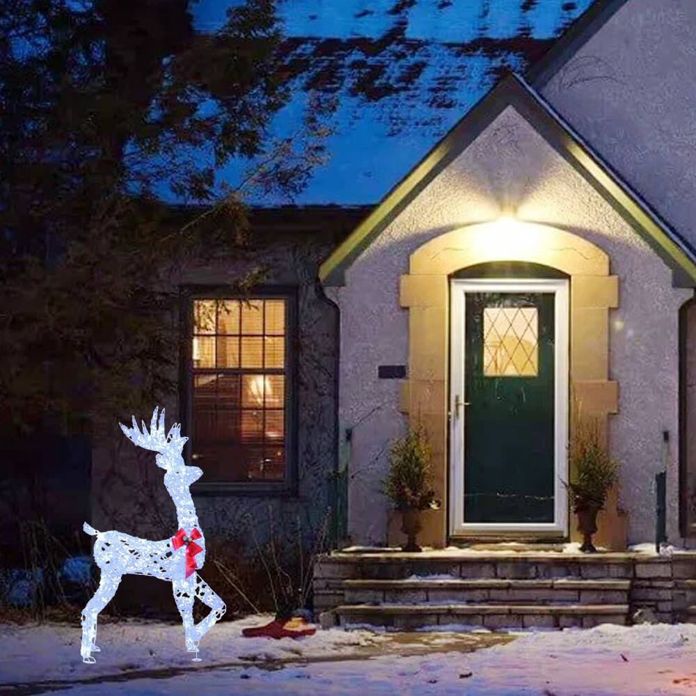 Front. BreeBe - 5ft Pre-Lit Christmas Reindeer Decoration with 100 LED Lights - White + Red.