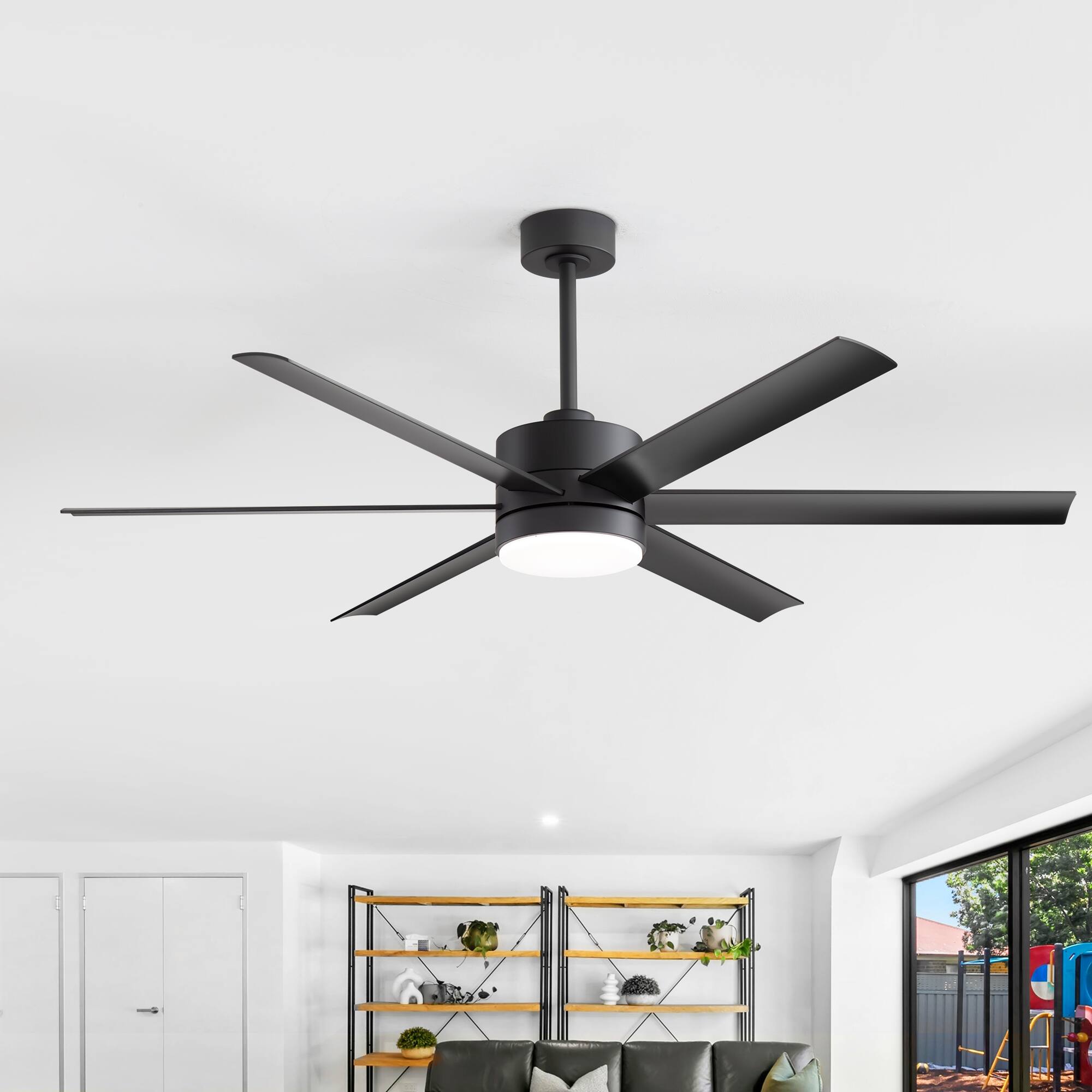 Front. Breezary - 60-Inch Indoor Large LED Ceiling Fan with 6-Speed Reversible Motor, 3-Color Light, 6''/12'' Downrods - Matte Black.