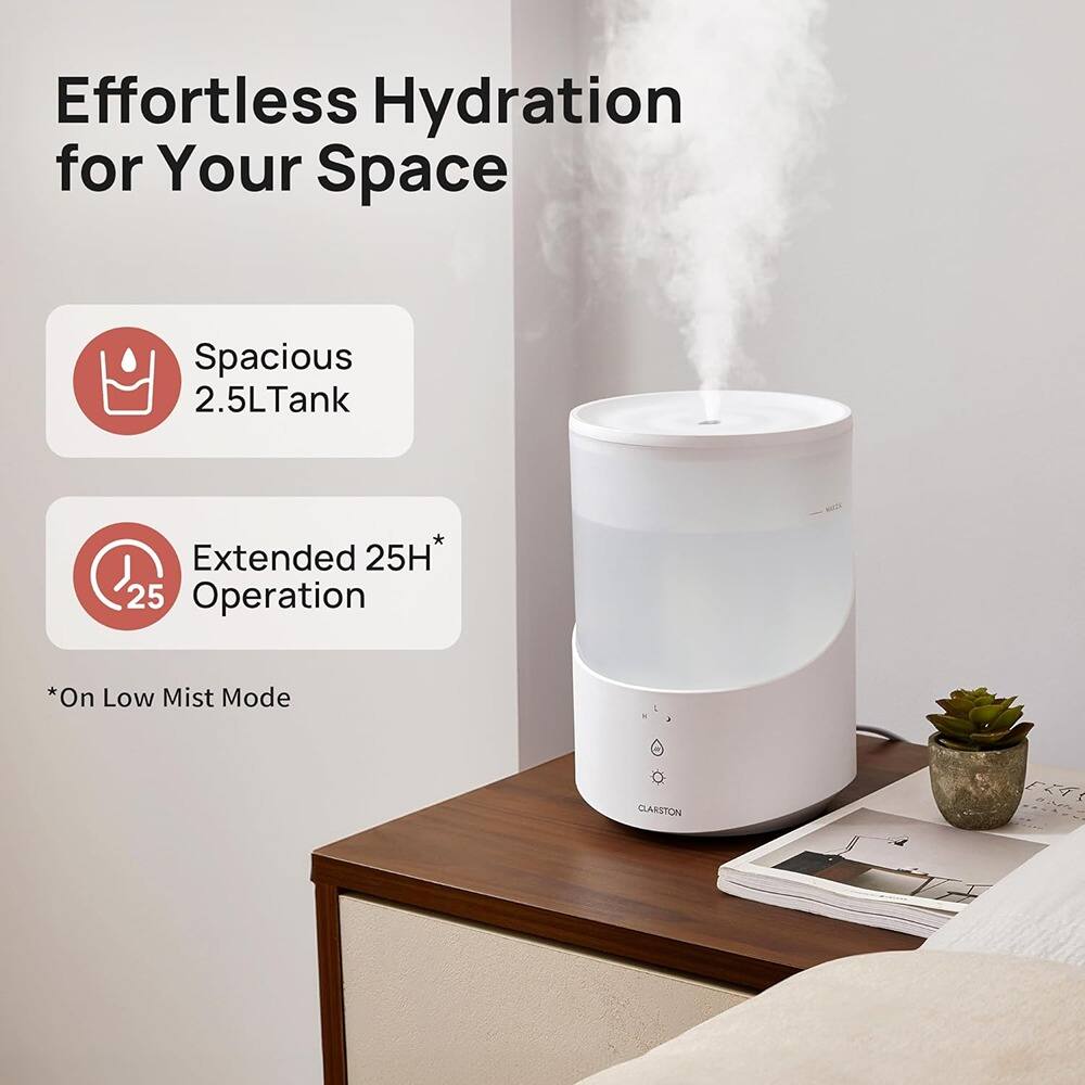 Effortless Hydration for Your Space

- Spacious 2.5L Tank
- Extended 25H* Operation
  *On Low Mist Mode

CLARSTON