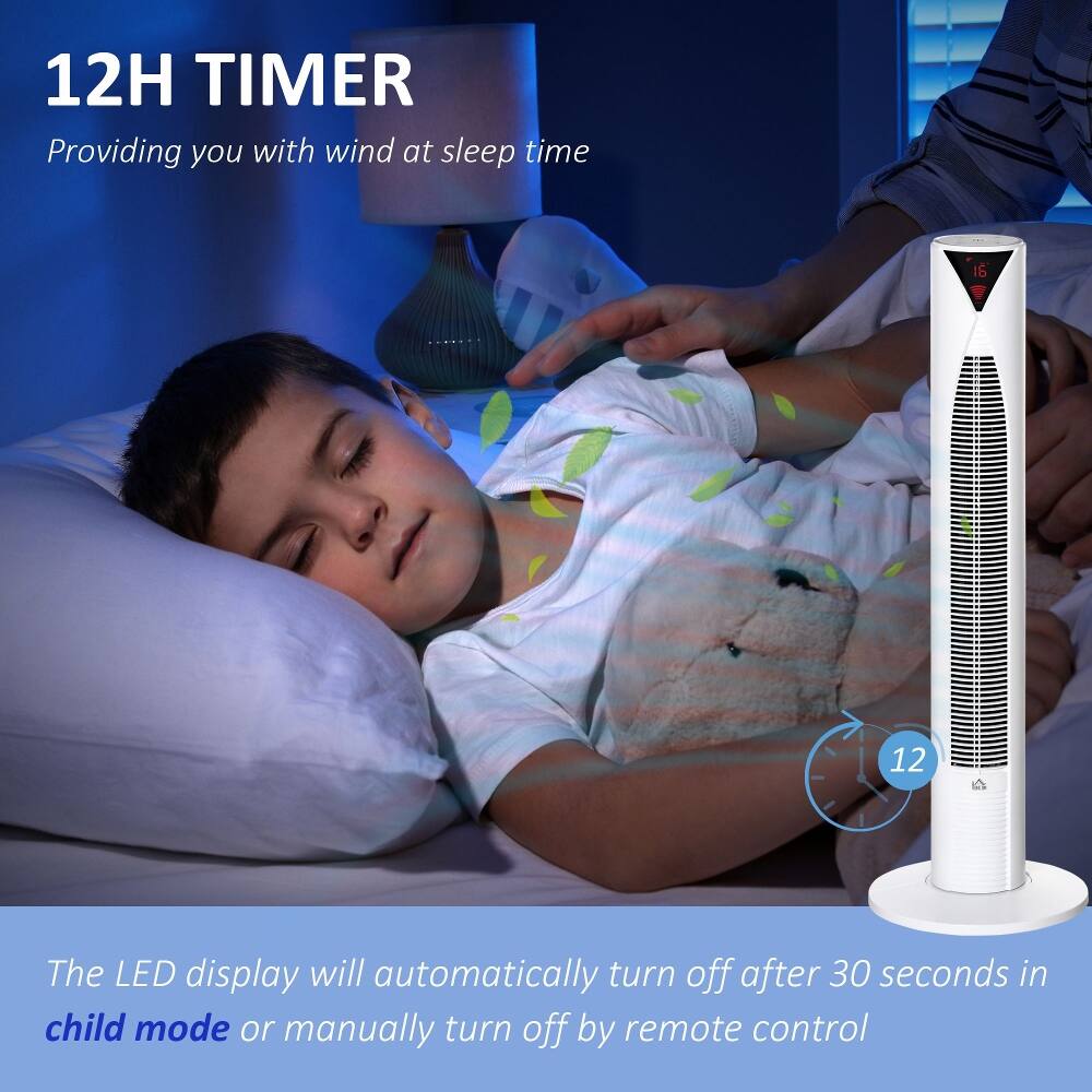 12H TIMER  
Providing you with wind at sleep time  

The LED display will automatically turn off after 30 seconds in child mode or manually turn off by remote control