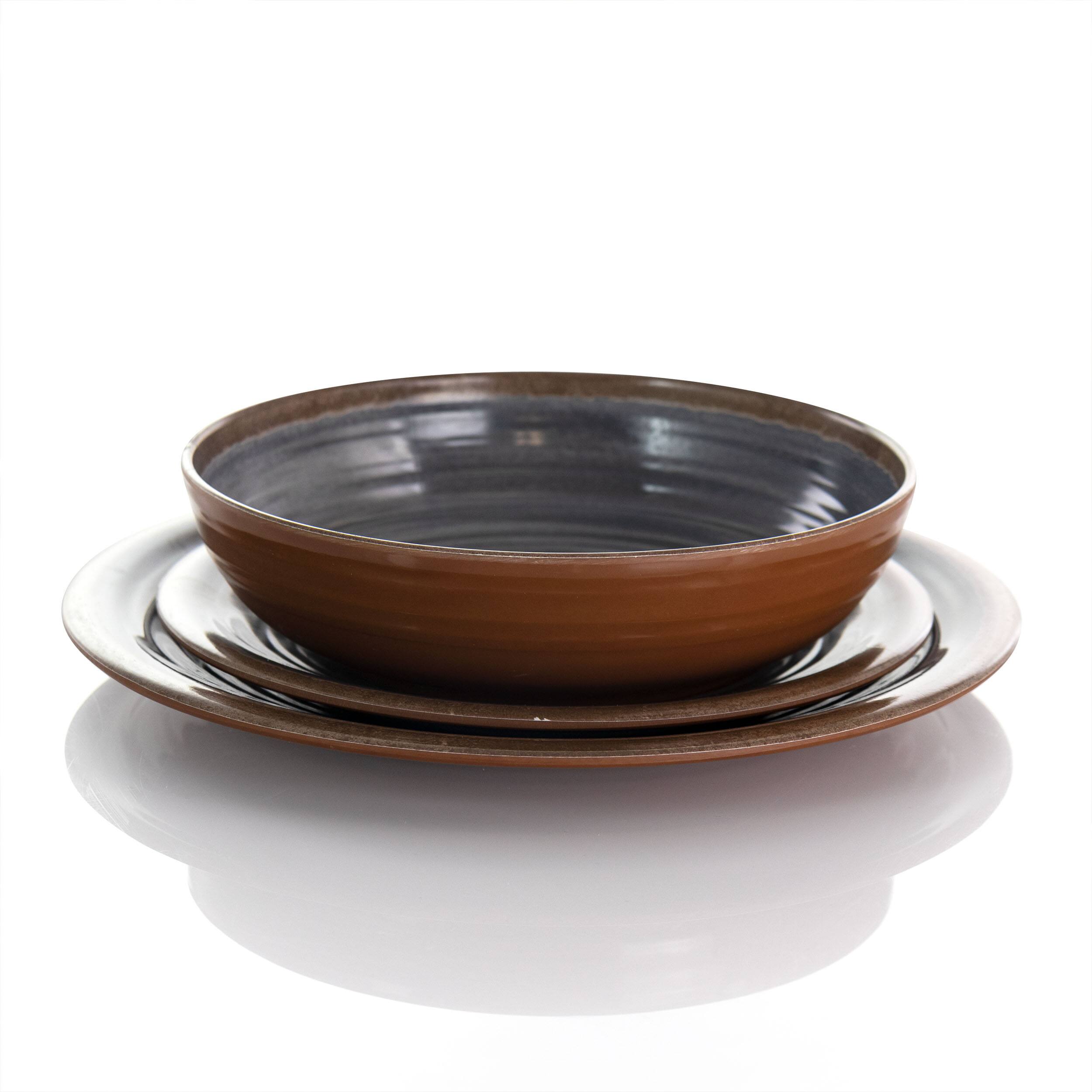 Angle. Elama - Elama Stone Oak 12 Piece Lightweight Melamine Dinnerware Set in Black - Black.