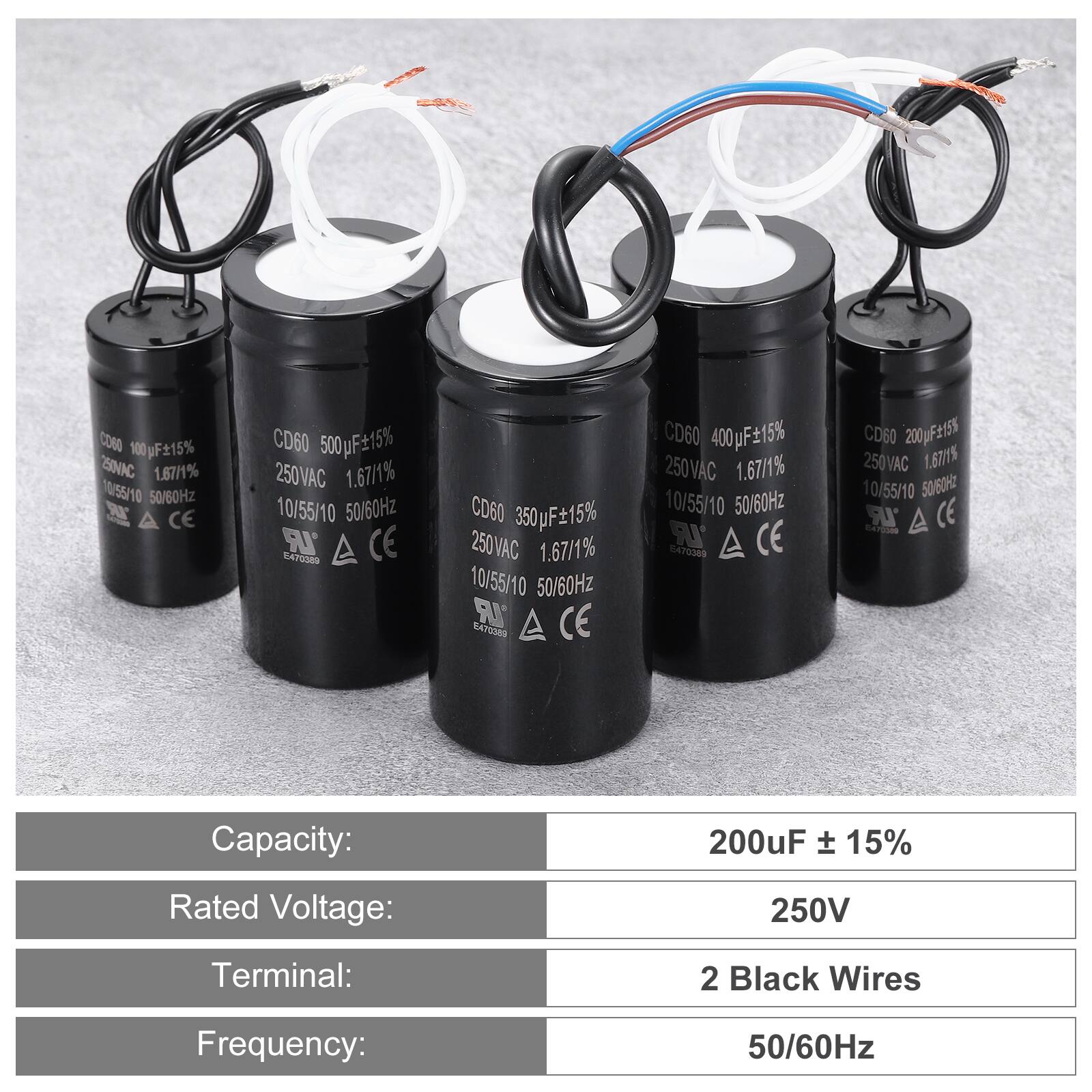 CO6 100 uF15% SINIC 1.87/1% 10/55/10 50/60Hz S CE CD60 500pF15% 250VAC 1.67/1% 10/55/10 50/60Hz IR CE 1470389 CD60 350gF15% 250VAC 1.67/1% 10/55/10 50/60Hz UR CE RezteS CD60 400pF15% 250VAC 1.67/1% 10/55/10 50/60Hz UR CE 147000 CD60 200gF15% 250VAC 1.67/1% 10/55/10 50/60Hz U aAidane CE Capacity: Rated Voltage: 200uF 15% 250