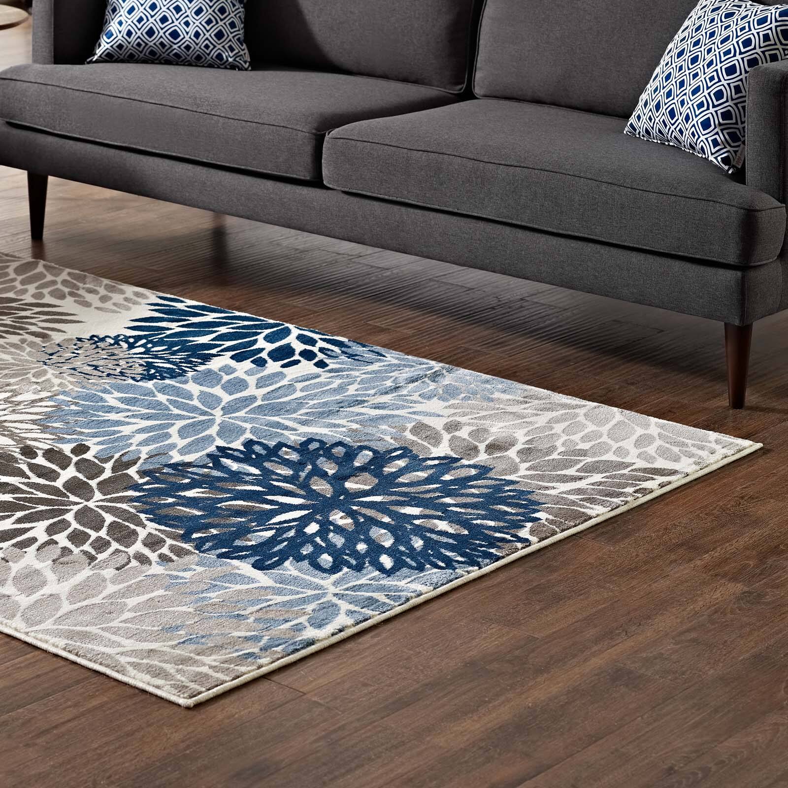Back. Modway - Calithea Vintage Classic Abstract Floral Area Rug - Blue Brown and Beige.