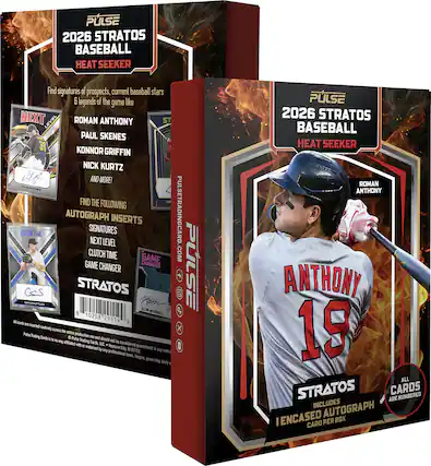 PULSE 2026 STRATOS BASEBALL HEAT SEEKER
Find signatures of prospects, current baseball stars & legends of the game like:
- NEXT LEVEL ROMAN ANTHONY
- ST PAUL SKENES
- KONNOR GRIFFIN
- NICK KURTZ
- AND MORE!
PAA - FIND THE FOLLOWING AUTOGRAPH INSERTS:
- GLITCH TIME SIGNATURES
- NEXT LEVEL
- CLUTCH TIME
- GAME CHANGER
STRATOS 8
KEVIN MCGONIGLE
10208 29119
All cards are inserted randomly across the entire production run and should not be considered guaranteed in any individual box. Pulse Trading Cards is in no way affiliated with or endorsed by any professional team, league, governing body, or player.
PULSETRADINGCARD.COM
PULSE 2026 STRATOS BASEBALL HEAT SEEKER
ROMAN ANTHONY
ALL STRATOS CARDS ARE NUMBERED
INCLUDES ENCASED AUTOGRAPH 1 PER BOX CARD