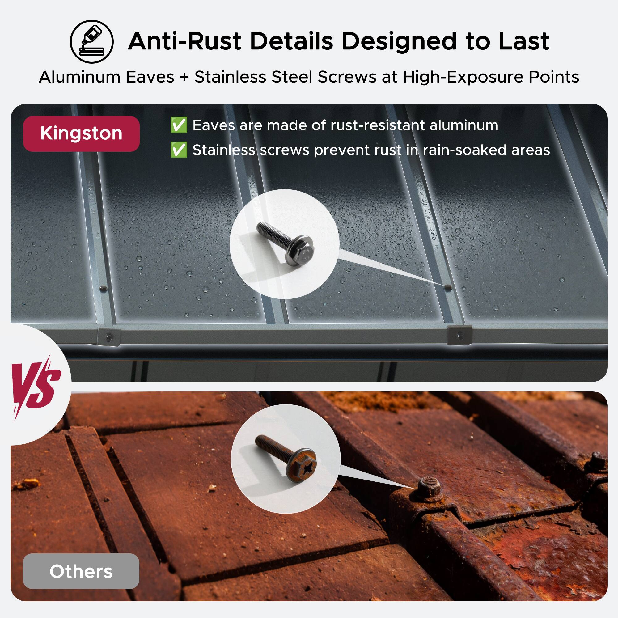 Anti-Rust Details Designed to Last

Aluminum Eaves + Stainless Steel Screws at High-Exposure Points

Kingston
- Eaves are made of rust-resistant aluminum
- Stainless screws prevent rust in rain-soaked areas

vs

Others