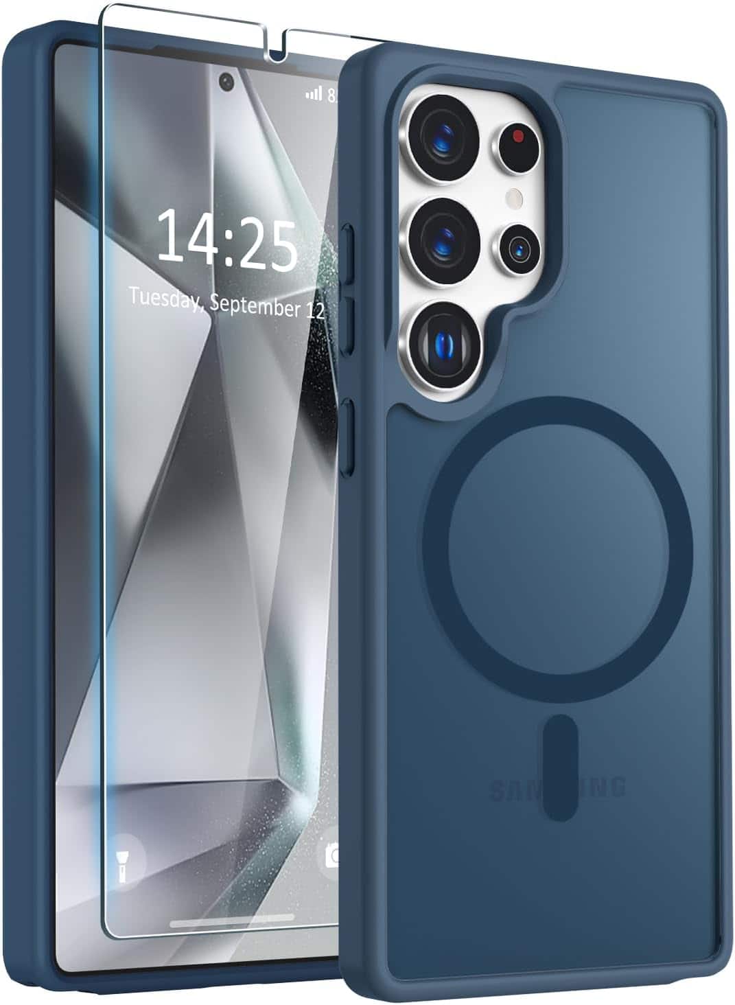 Entronix - Galaxy S25 Ultra Bundle - Magnetic Translucent Matte Case & Clear Screen Protector - Navy Blue