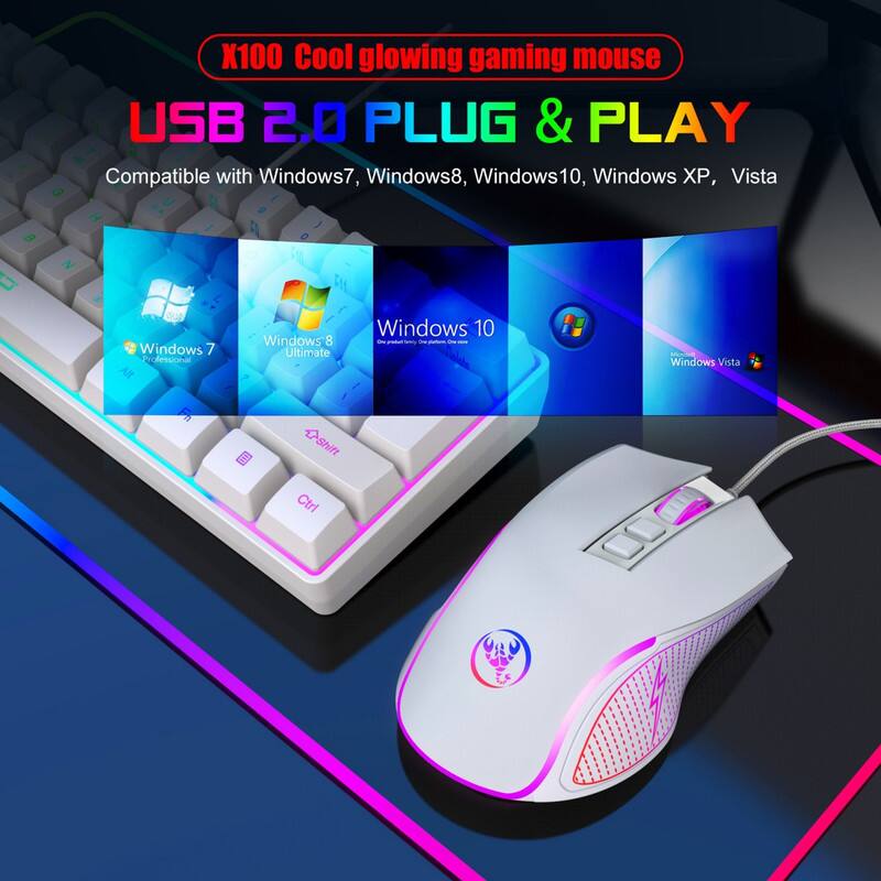X100 Cool glowing gaming mouse  
USB 2.0 PLUG & PLAY  
Compatible with Windows7, Windows8, Windows10, Windows XP, Vista