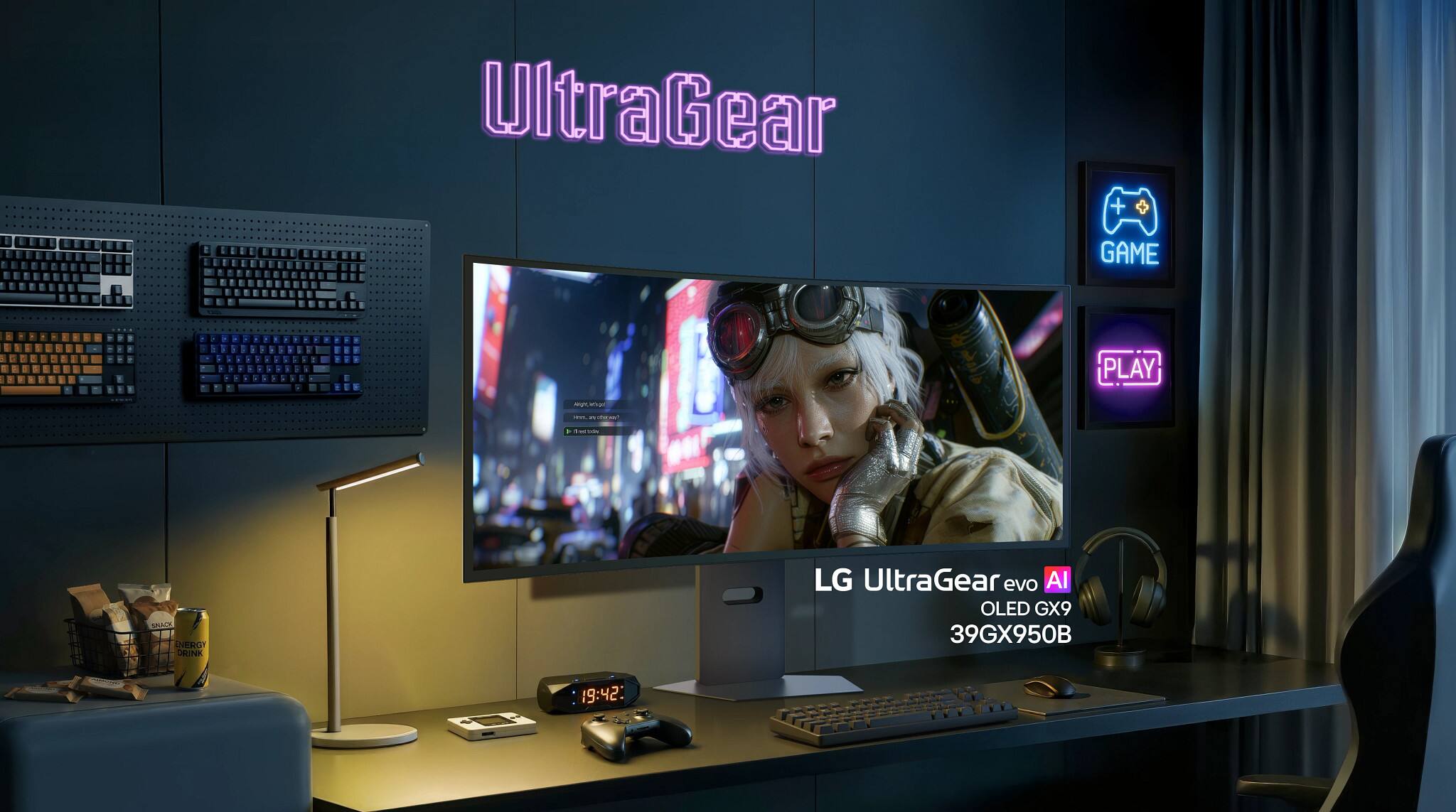 UltraGear + GAME PLAY ME  
imenin C NERGY DRINK  
LG UltraGear evo AI OLED GX9 39GX950B  
19:42: