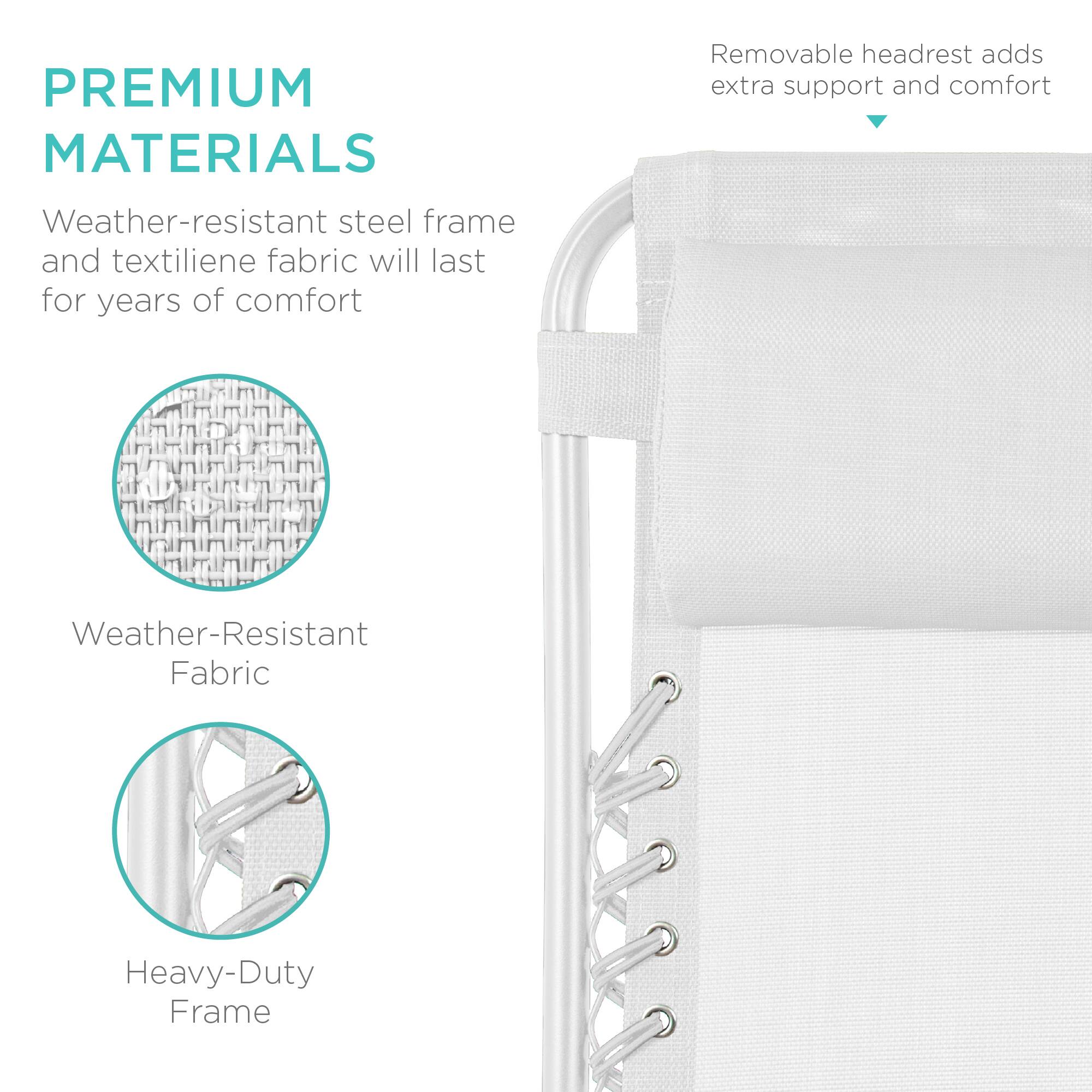 PREMIUM MATERIALS

Weather-resistant steel frame and textilene fabric will last for years of comfort

- Weather-Resistant Fabric
- Heavy-Duty Frame

Removable headrest adds extra support and comfort