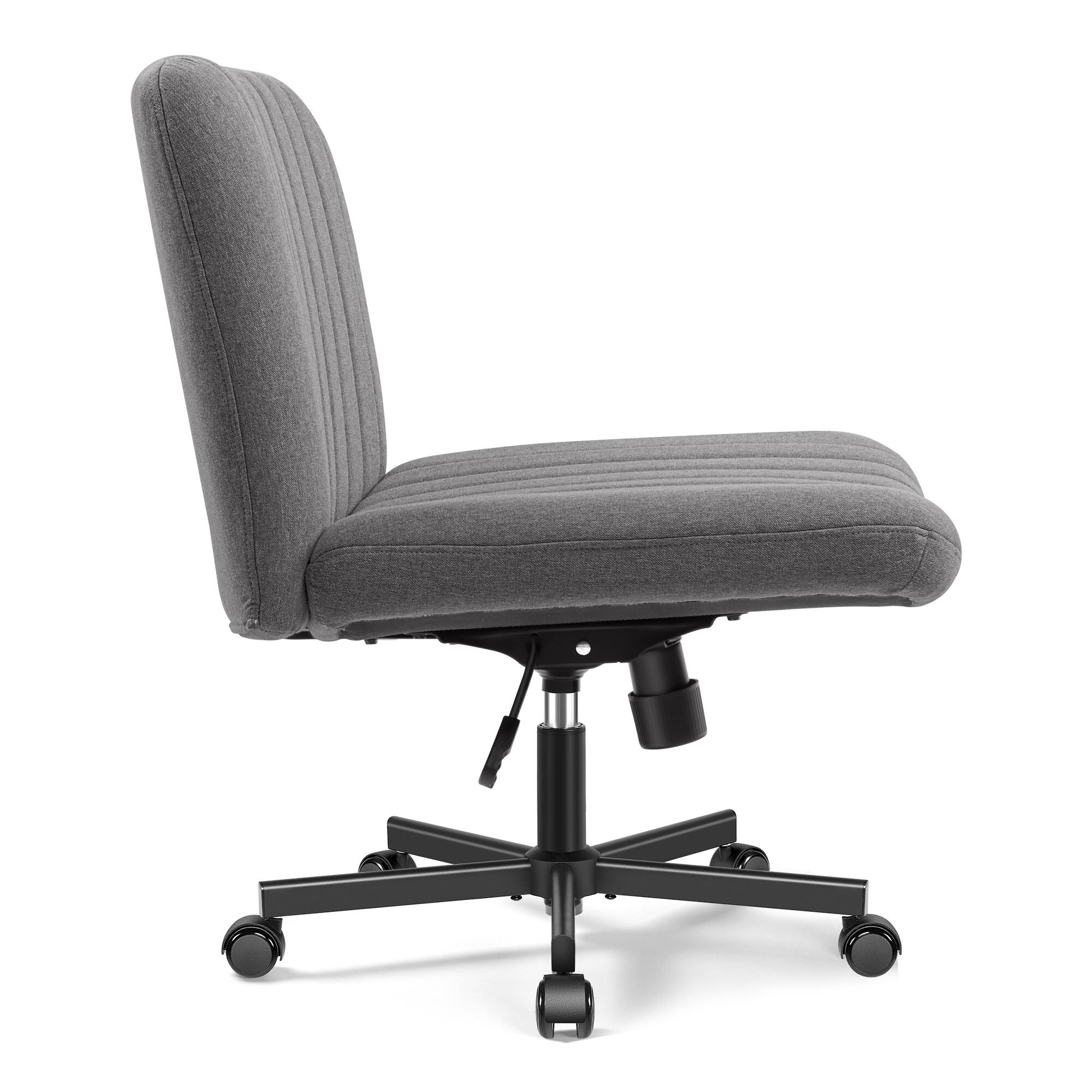 Left. Brick Attic - Criss Cross Chair with Wheels, Wide Cross Legged Office Desk Vanity Chair Comfy Fabric Armless Adjustable Swivel - Dark Gray.
