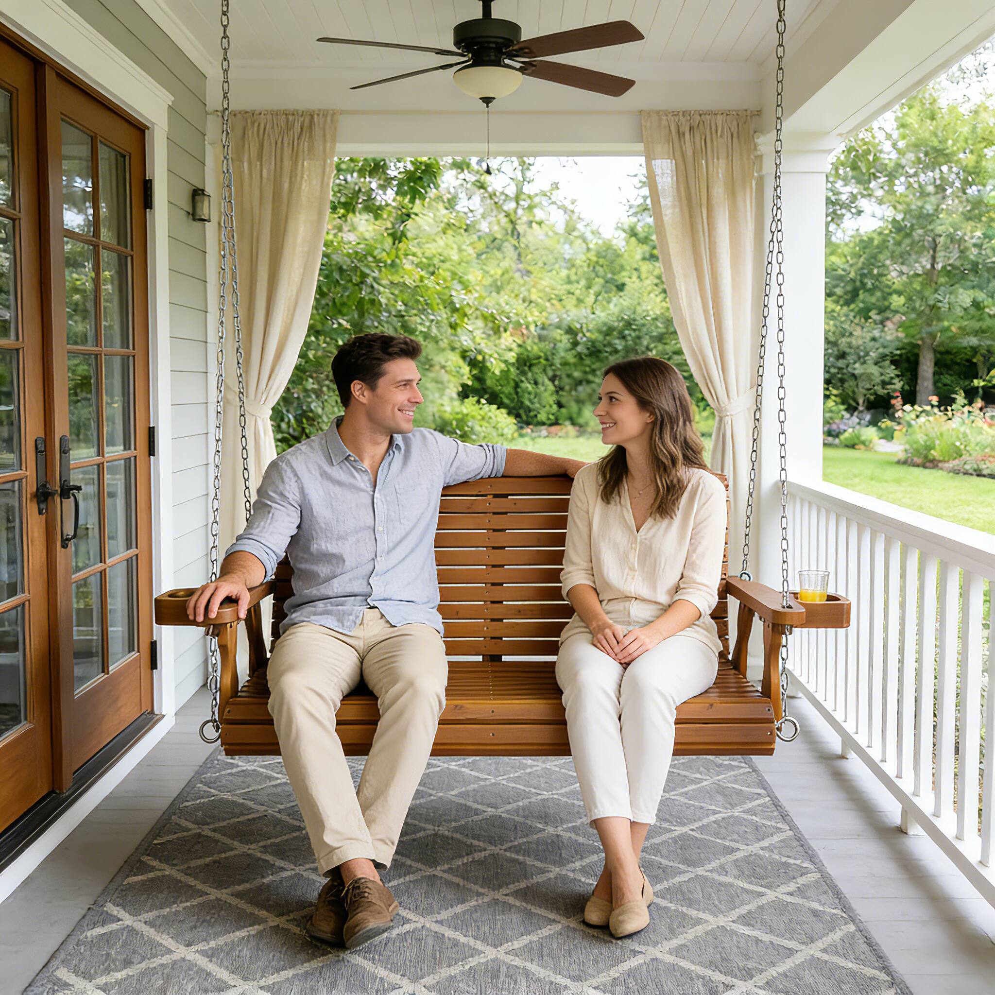 Angle. Fortune Candy - Wooden Porch Swing with Cupholder,  4 ft Outdoor Swing with Hanging Chains for Garden - Teak Tone.