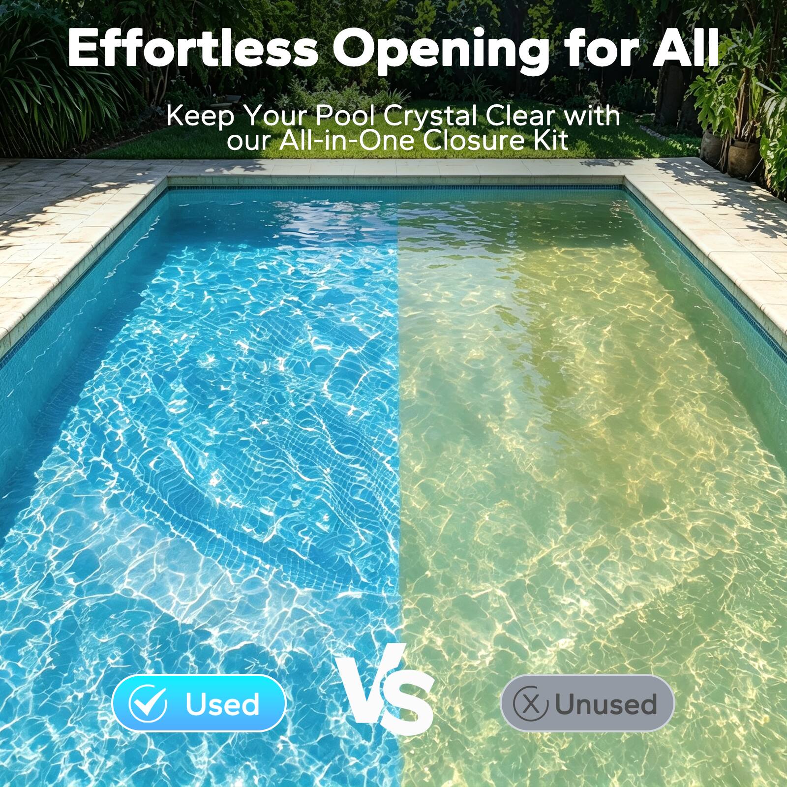 Effortless Opening for All  
Keep Your Pool Crystal Clear with our All-in-One Closure Kit

Used  
VS  
Unused