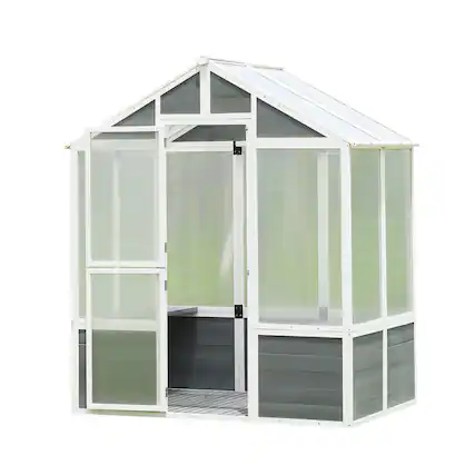 Front. TinyHomie - Wooden Greenhouse Polycarbonate Garden Shed for Plants 76FT x 48FT x 86FT Walk-in Outdoor Plant Gardening Greenhouse.