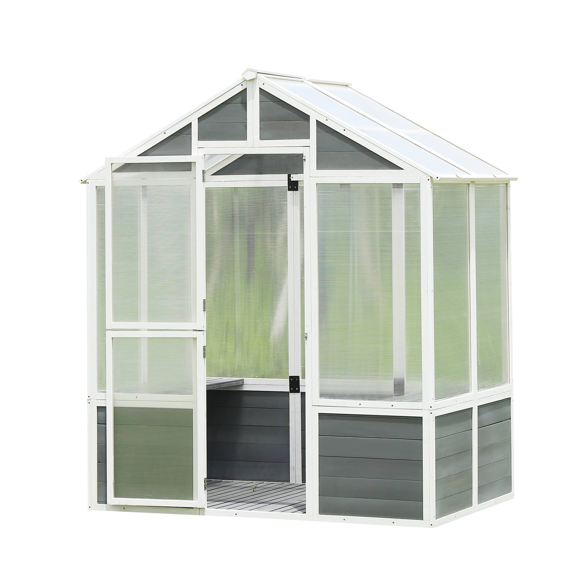 Front. TinyHomie - Wooden Greenhouse Polycarbonate Garden Shed for Plants 76FT x 48FT x 86FT Walk-in Outdoor Plant Gardening Greenhouse.