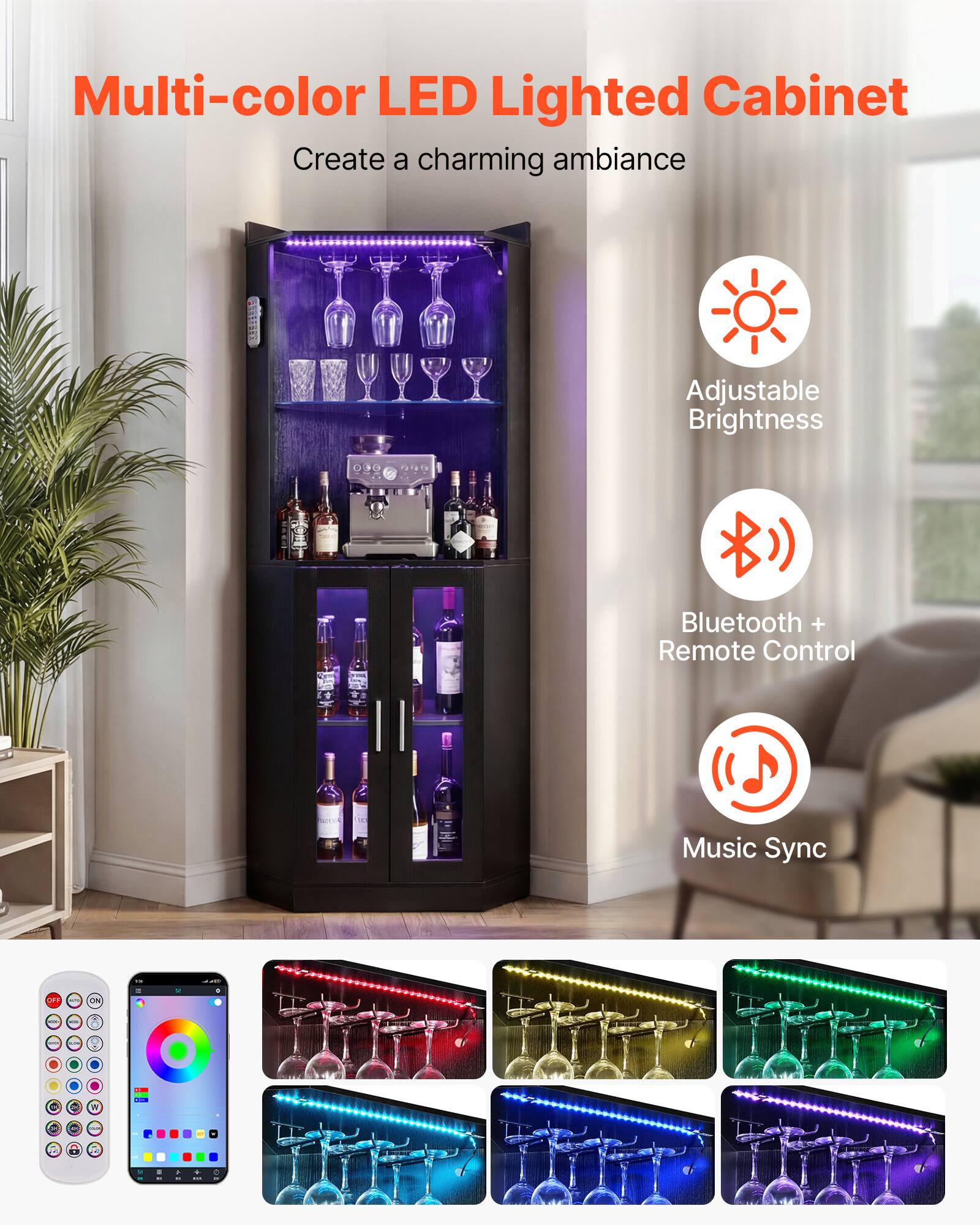 Multi-color LED Lighted Cabinet  
Create a charming ambiance  

- Adjustable Brightness  
- Bluetooth + Remote Control  
- Music Sync