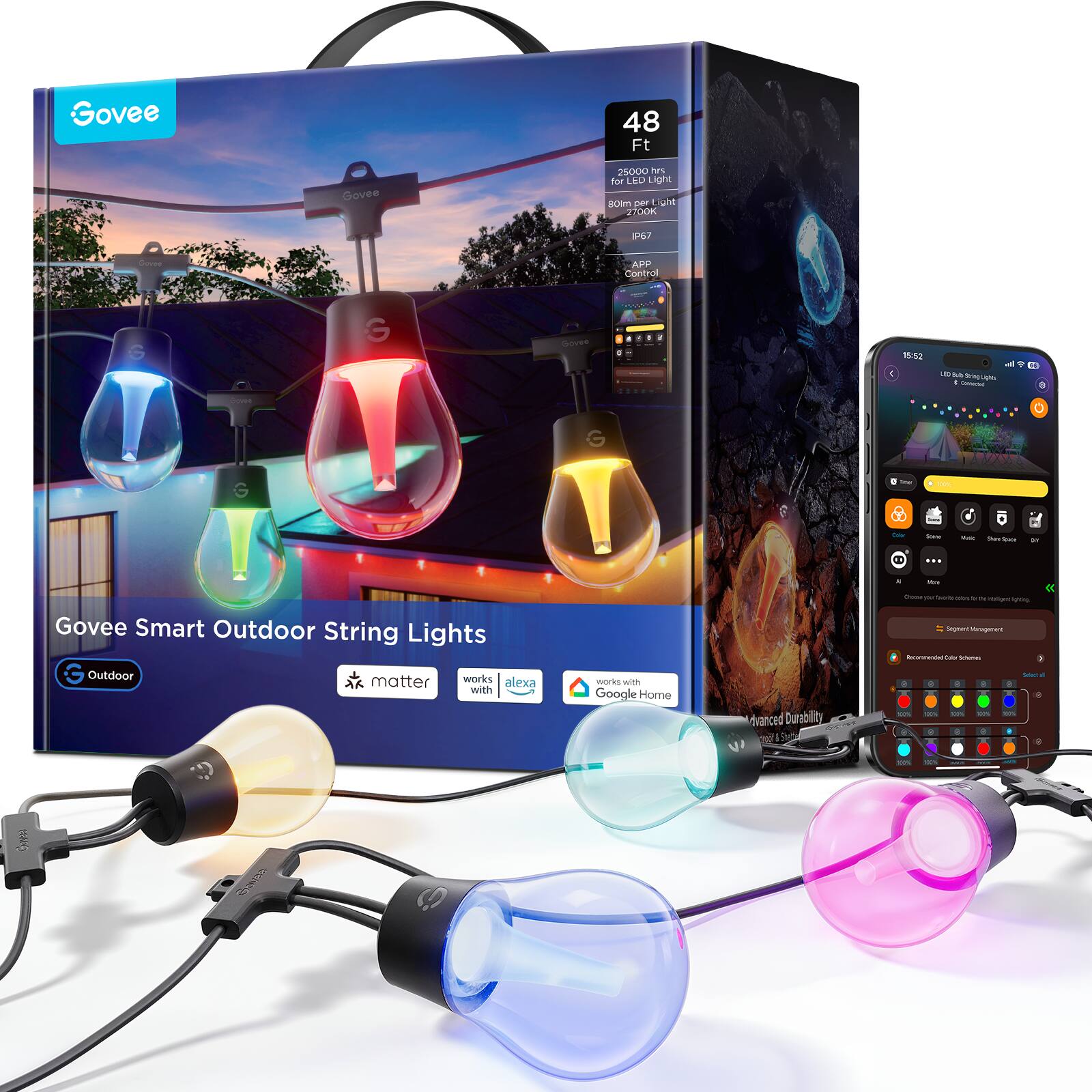 Govee - 48ft Outdoor Smart String Lights, RGBWIC 16M Colors, 1200 Lumen, IP67 Waterproof - Multi