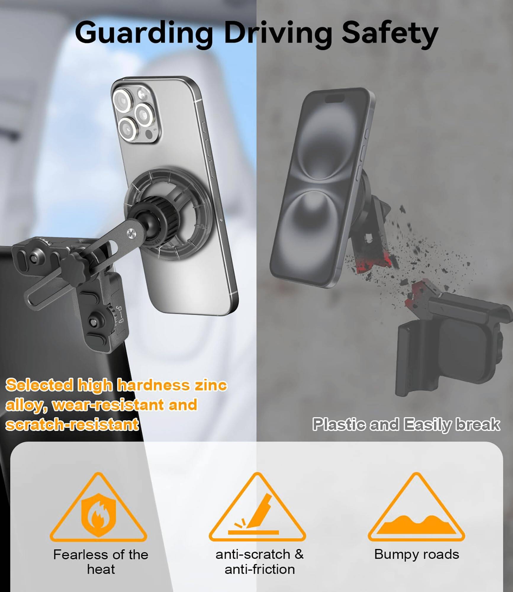 Guarding Driving Safety

Selected high hardness zinc alloy, wear-resistant and scratch-resistant

Plastic and Easily break

Fearless of the heat

anti-scratch & anti-friction

Bumpy roads