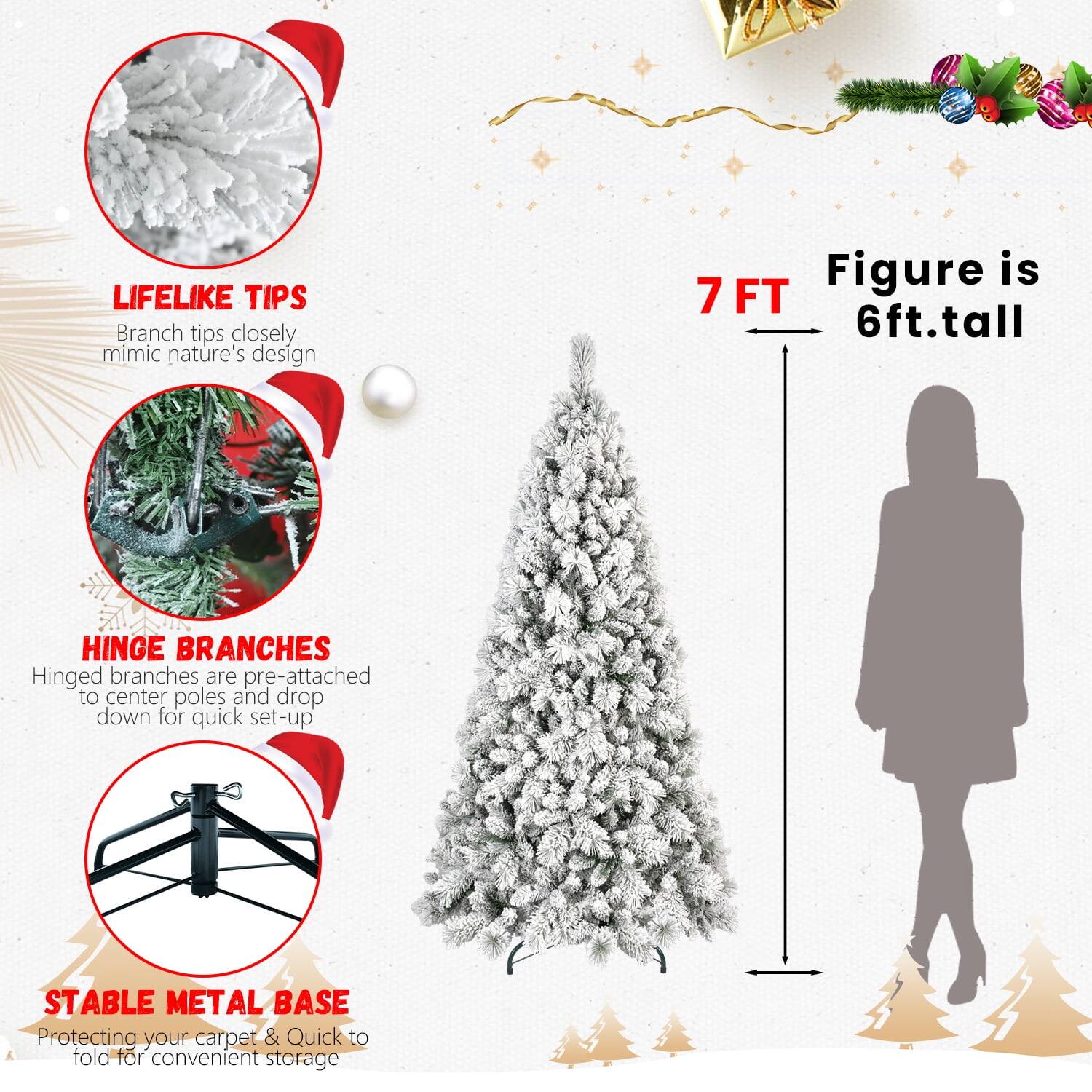 LIFELIKE TIPS  
Branch tips closely mimic nature's design  

7 FT  
Figure is 6ft. tall  

HINGE BRANCHES  
Hinged branches are pre-attached to center poles and drop down for quick set-up  

STABLE METAL BASE  
Protecting your carpet & Quick to fold for convenient storage