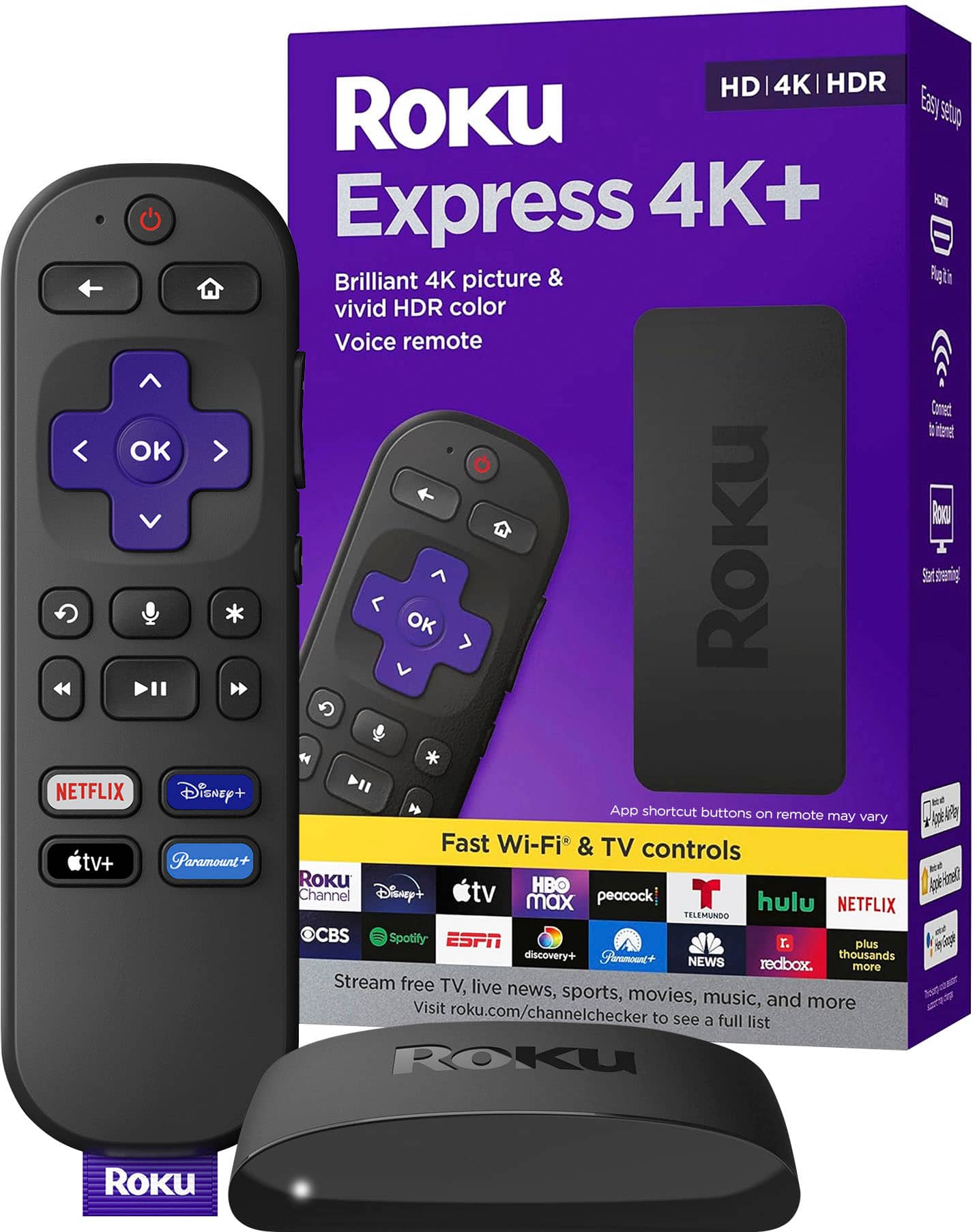 Roku Express 4K+ is a brilliant 4K picture and HDR color Voice remote control device. It comes with a purple remote control and has a box that contains the Roku Express 4K+ and a Roku remote. The remote control has a voice feature and has a purple color. The device also has a fast Wi-Fi and TV controls, and it is compatible with various streaming services such as Netflix, Disney+, HBO, Paramount, and more. Additionally, it has a Roku channel for easy access to various entertainment options.