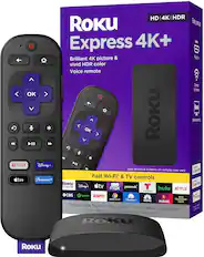 Roku Express 4K+ is a brilliant 4K picture and HDR color Voice remote control device. It comes with a purple remote control and has a box that contains the Roku Express 4K+ and a Roku remote. The remote control has a voice feature and has a purple color. The device also has a fast Wi-Fi and TV controls, and it is compatible with various streaming services such as Netflix, Disney+, HBO, Paramount, and more. Additionally, it has a Roku channel for easy access to various entertainment options.