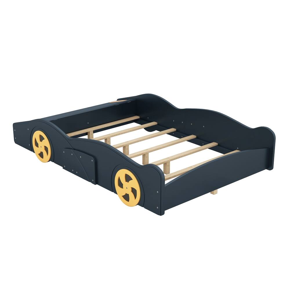 Alt View 8. Loheer - Loheer Full Size Race Car Bed with Storage Wheels Dark Blue - Dark Blue+Yellow.