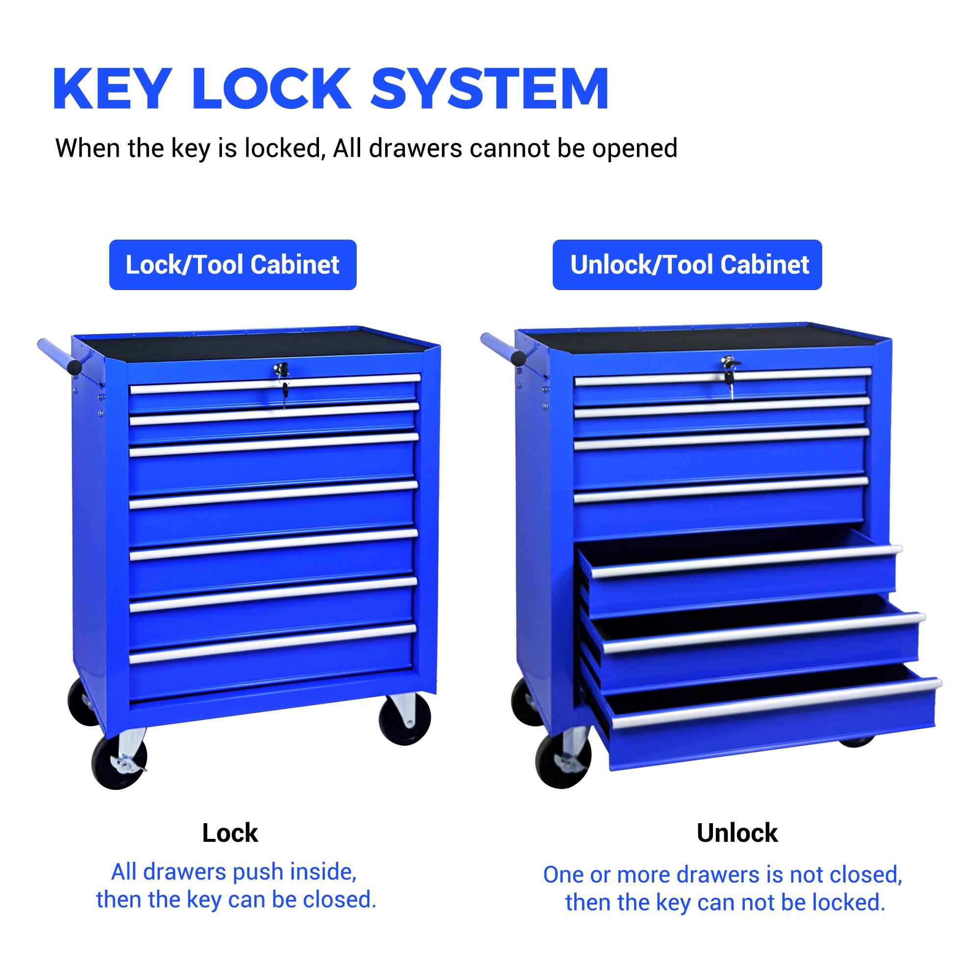 KEY LOCK SYSTEM

When the key is locked, All drawers cannot be opened

Lock/Tool Cabinet

Unlock/Tool Cabinet

Lock
All drawers push inside, then the key can be closed.

Unlock
One or more drawers is not closed, then the key can not be locked.