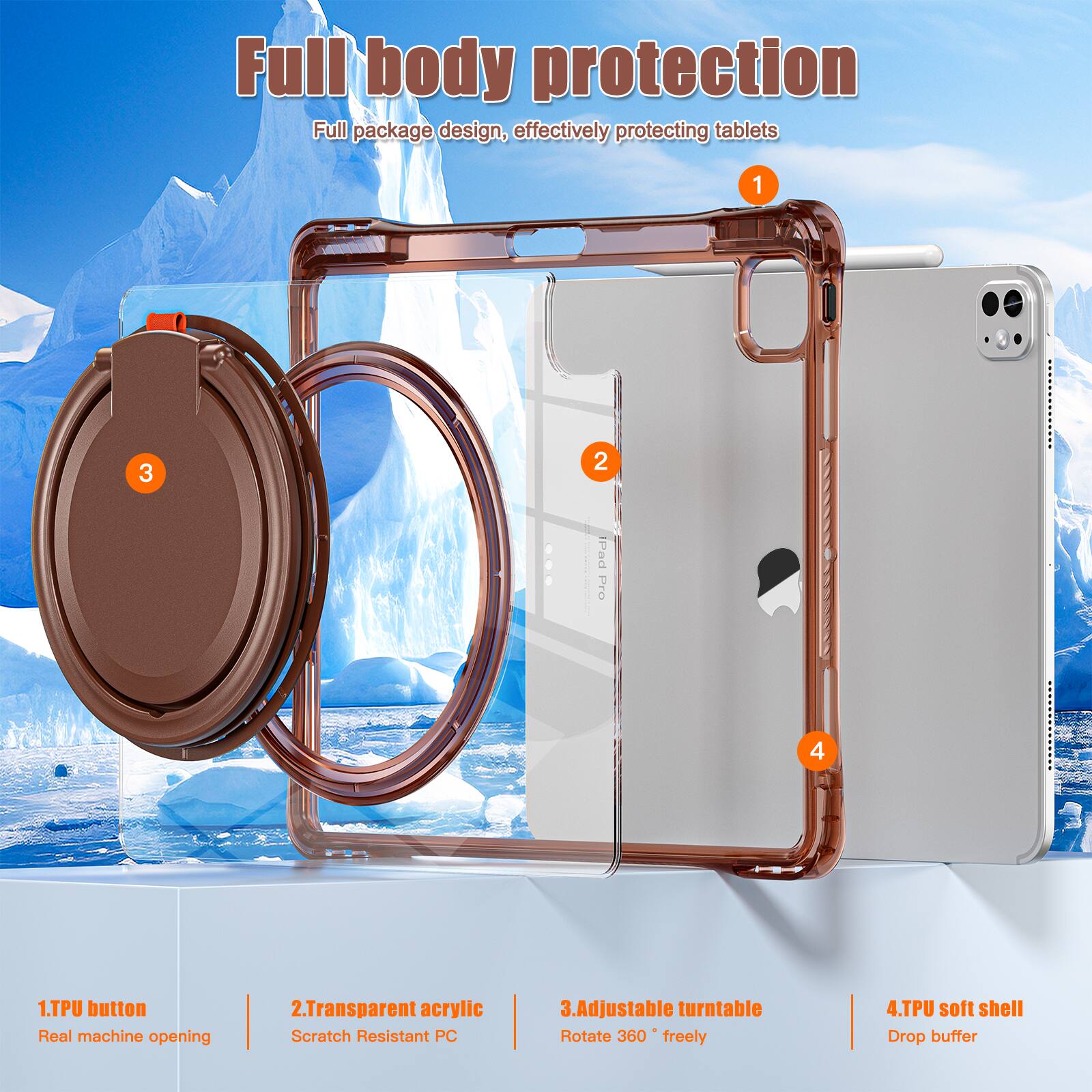 Full body protection  
Full package design, effectively protecting tablets  

1. TPU button  
Real machine opening  

2. Transparent acrylic  
Scratch Resistant PC  

3. Adjustable turntable  
Rotate 360° freely  

4. TPU soft shell  
Drop buffer