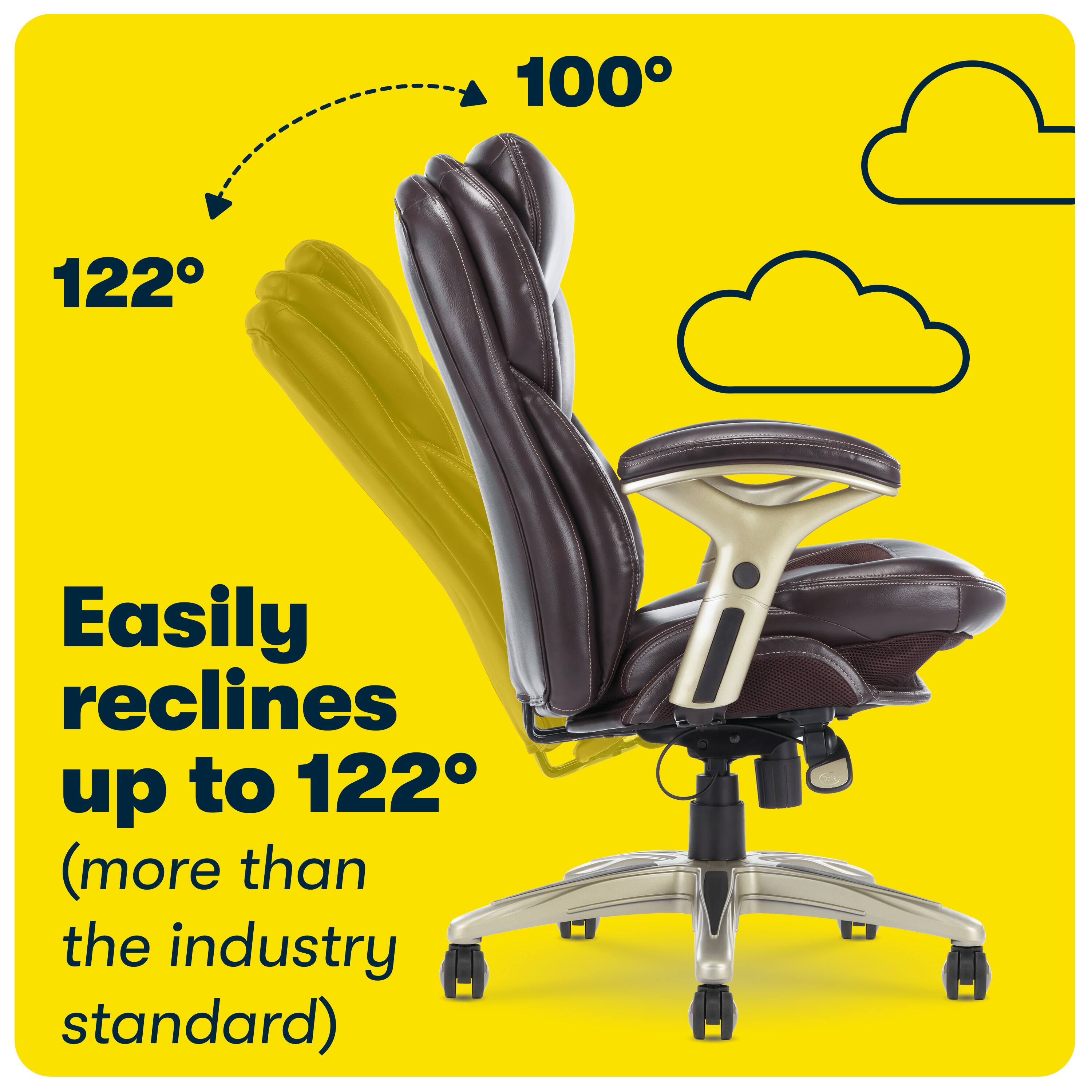 The image features a black office chair with a yellow background. The chair is described as having an easily reclining feature, allowing it to be adjusted up to 122 degrees. This is more than the industry standard, making it a comfortable and versatile option for users.