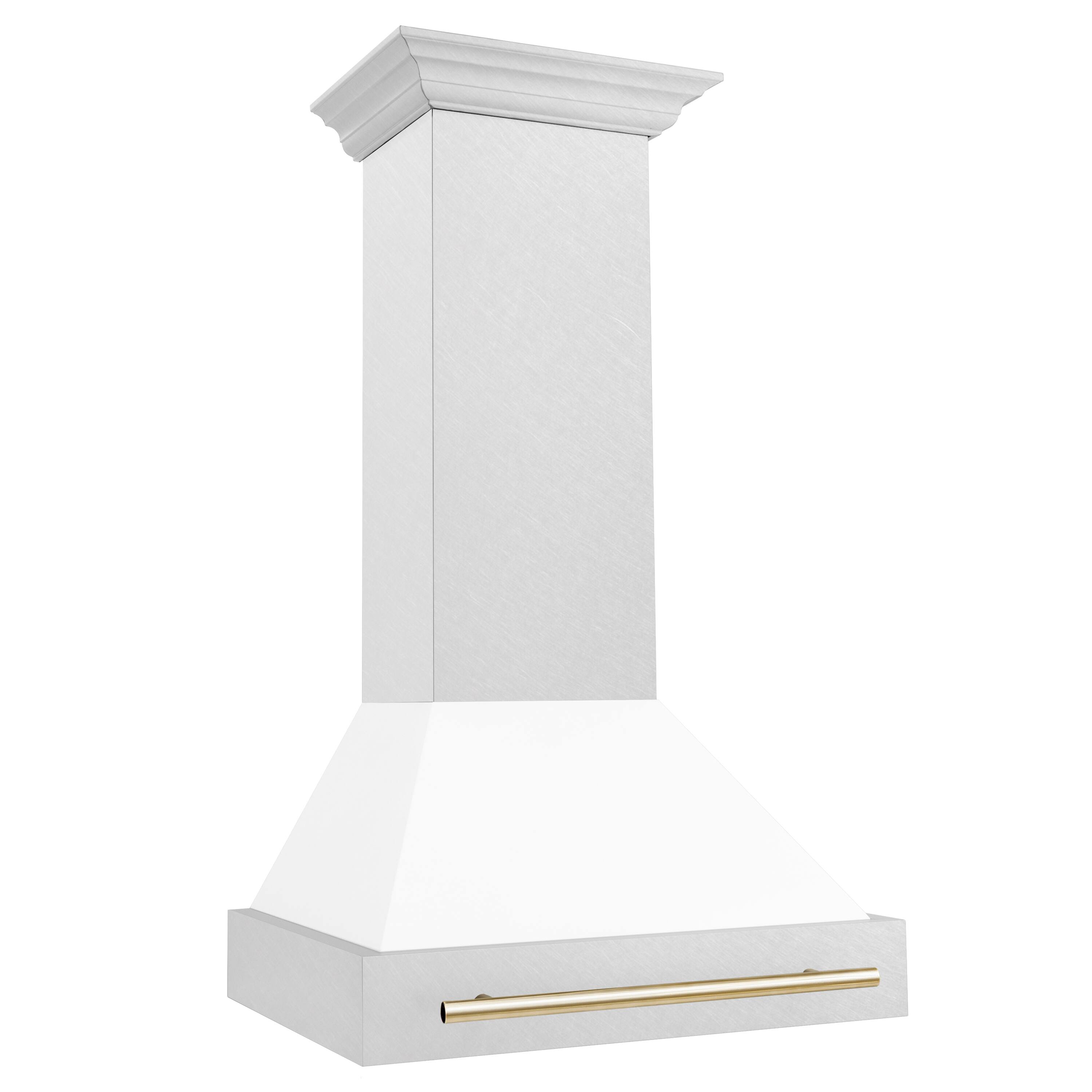 Angle. ZLINE - ZLINE Autograph 30 in. Satin Stainless Steel Wall Mount Range Hood with White Matte Shell and Polished Gold Handle - Satin Stainless Steel with White Matte Shell.