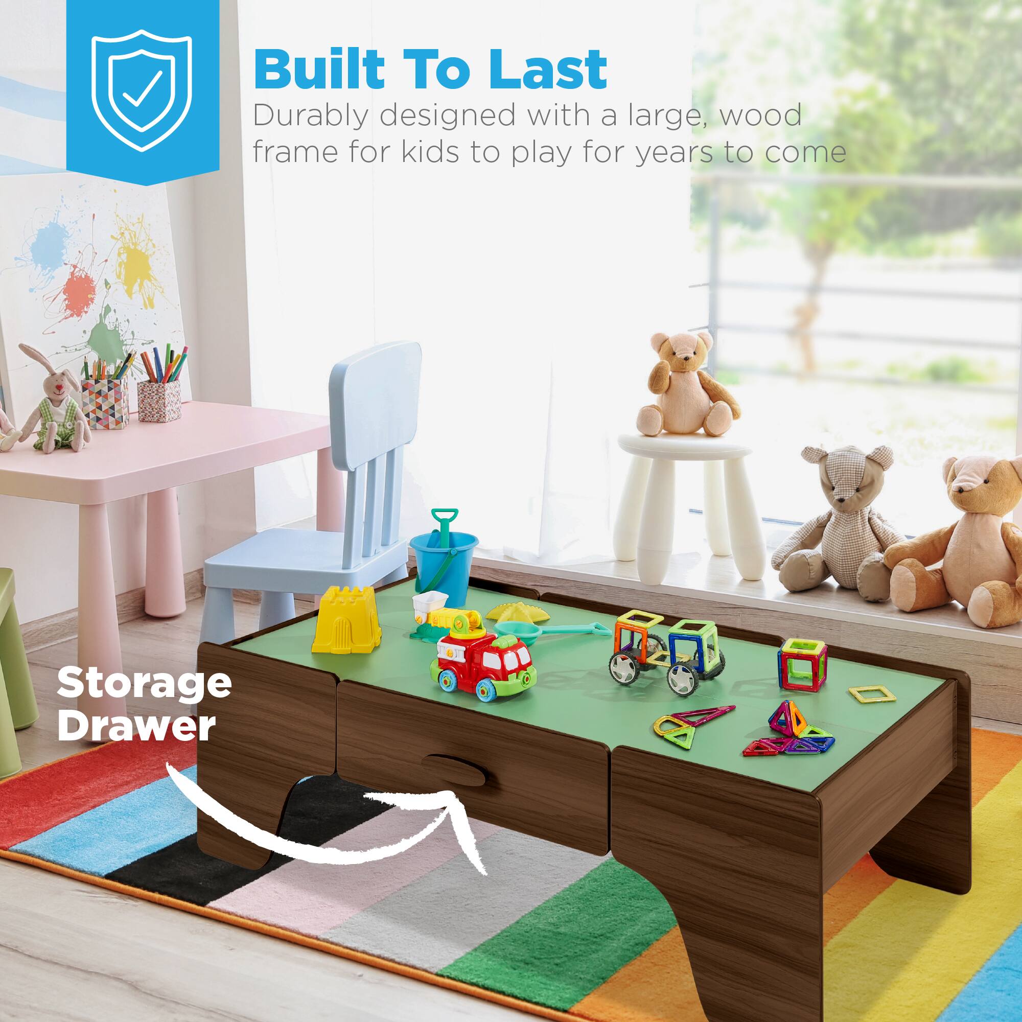 Built To Last  
Durable design with a large, wood frame for kids to play for years to come  

Storage Drawer
