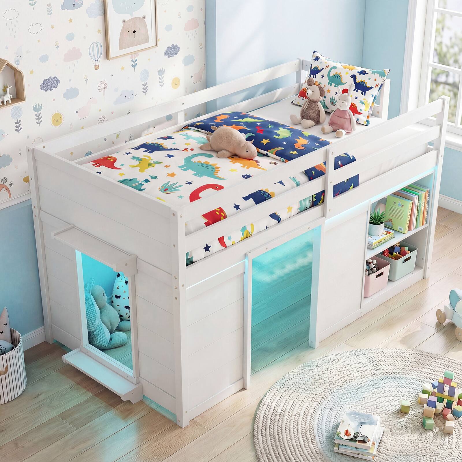 Alt View 4. Gymax - Gymax Twin Size Loft Bed w/ LED Lights 2 Doors Underbed Space & Shelves for Kids White - White.