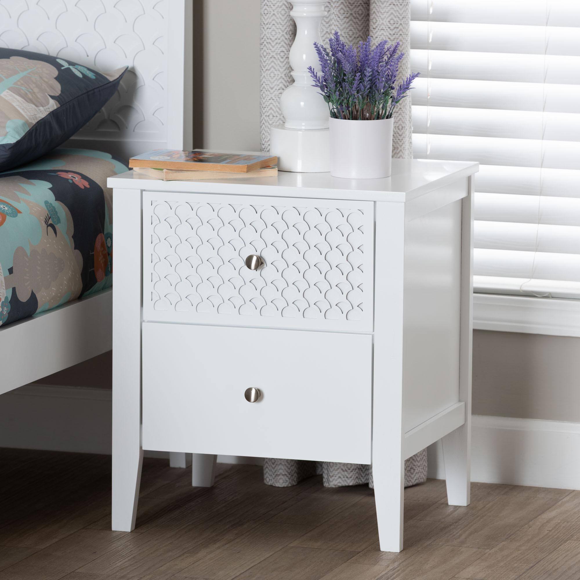 Alt View 4. Baxton Studio - Lara Nightstand - 2-Drawer Bedside Table with Laser-Cut Geometric Overlay for Bedroom or Guest Room - White.