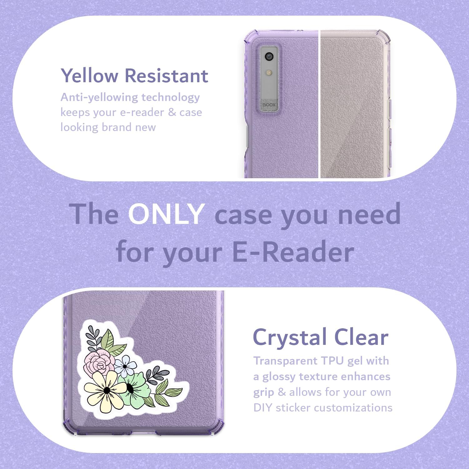 Yellow Resistant  
Anti-yellowing technology keeps your e-reader & case looking brand new  

The ONLY case you need for your E-Reader  

Crystal Clear  
Transparent TPU gel with a glossy texture enhances grip & allows for your own DIY sticker customizations