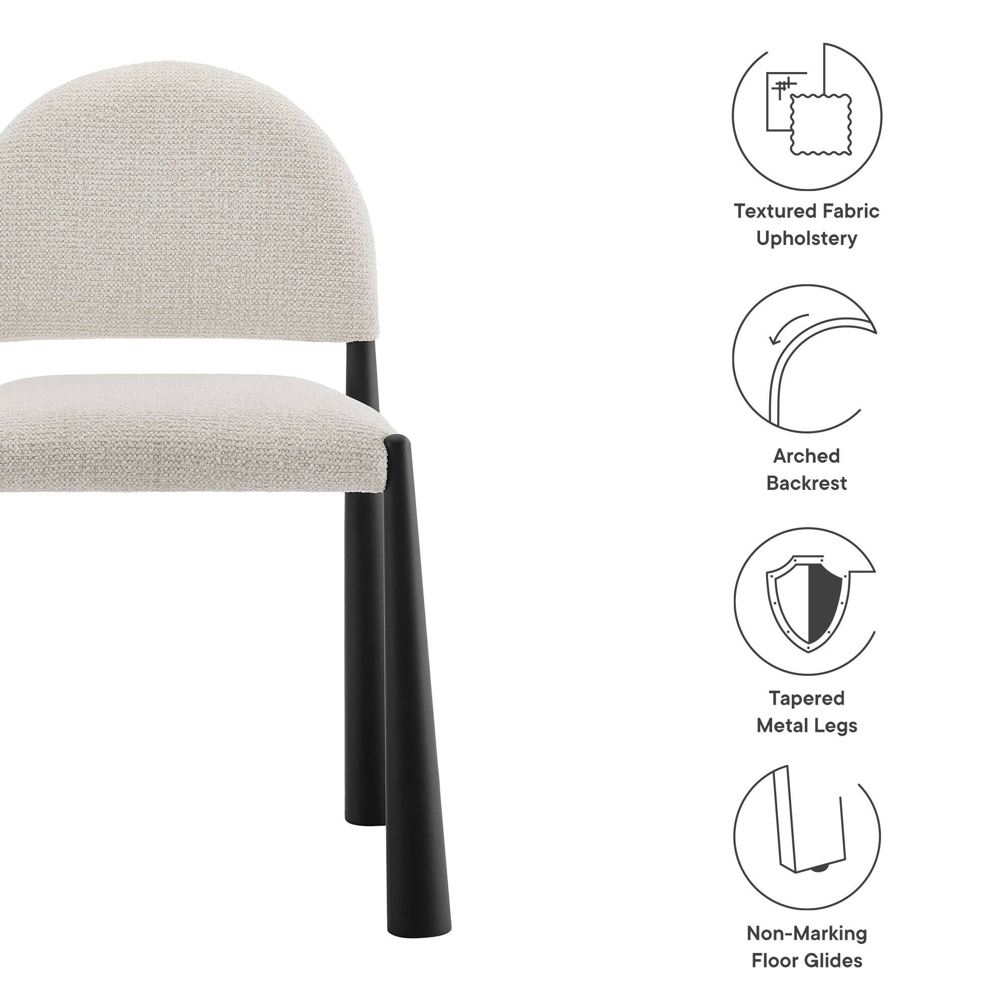 - Textured Fabric Upholstery
- Arched Backrest
- Tapered Metal Legs
- Non-Marking Floor Glides