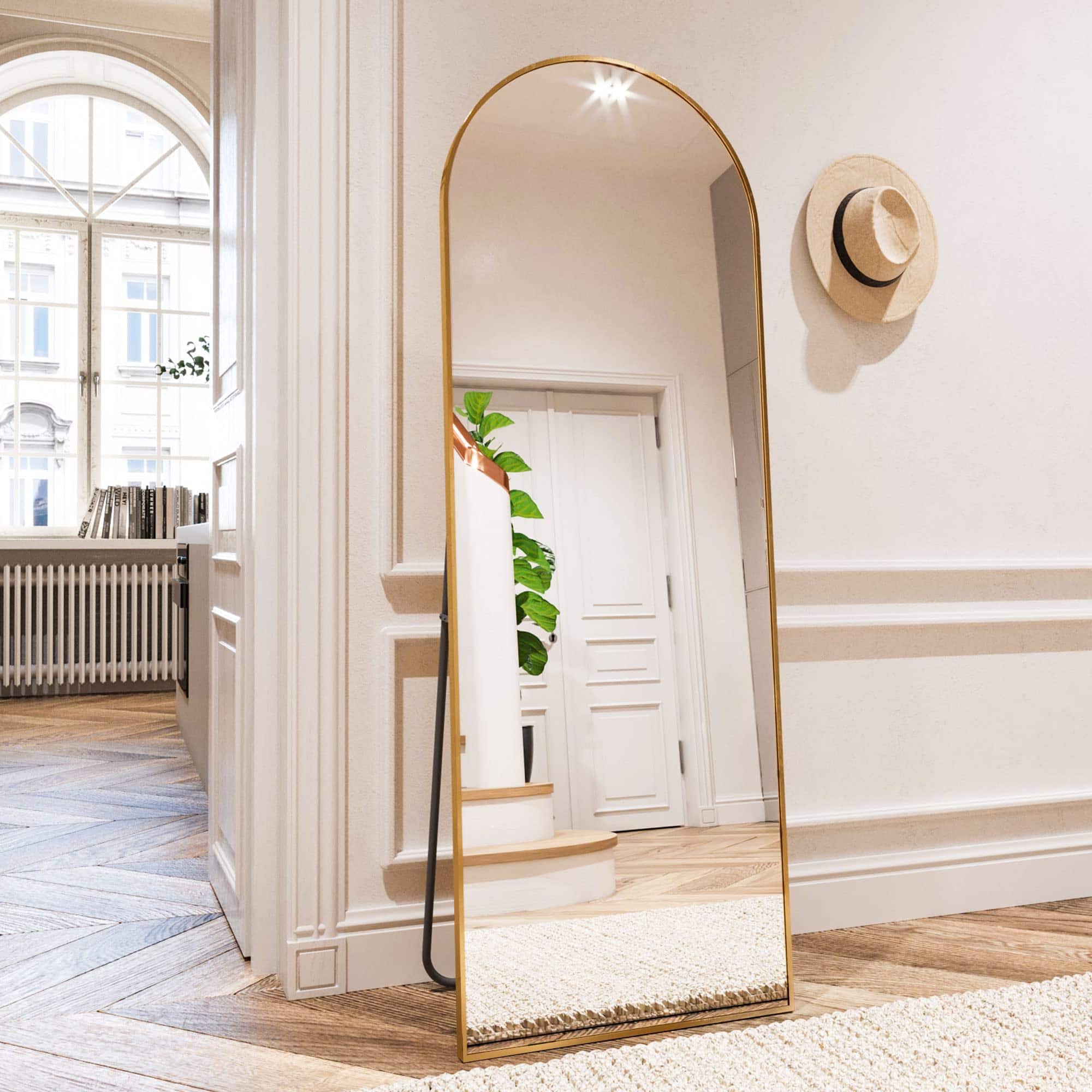 HOMLUX - Arched Full Length Floor Mirror Gold Aluminum Frame Free Standing Leaning Wall Mount for Bedroom Entryway