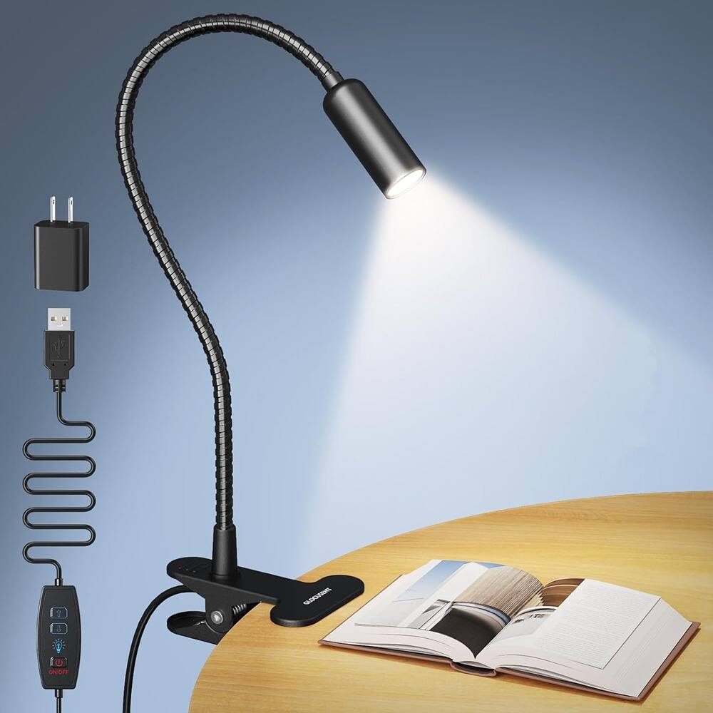 Front. PARKER SLATER - Clip-On LED Reading Light with 10 Brightness Levels (20–180LM) – Flexible Gooseneck, Eye-Caring Book Light for Desk, Bed - Black.