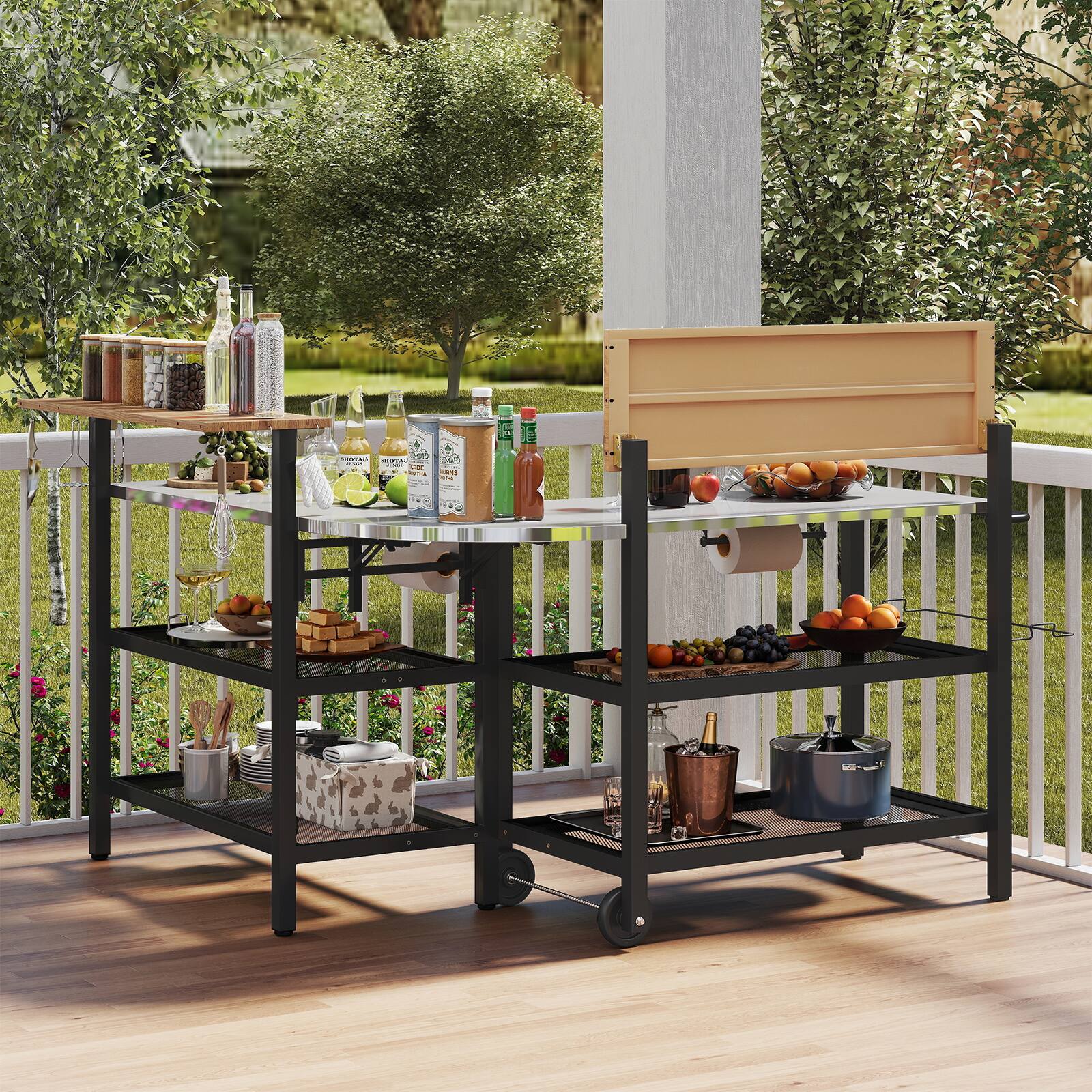 Alt View 1. Gymax - Gymax Patio Bar Table & Rolling Bar Cart w/Flip-Up Top Storage Shelves Removable Hooks - Black.