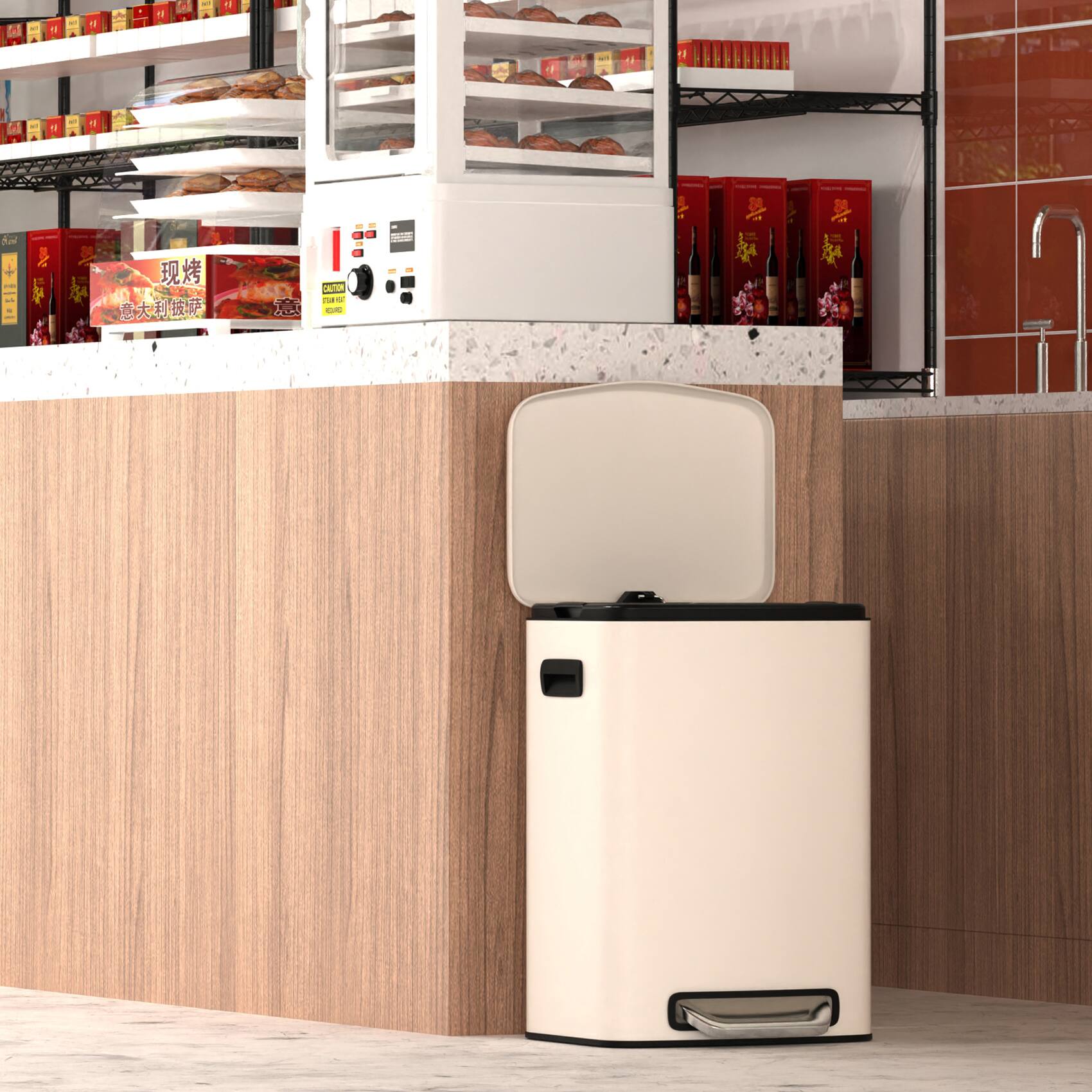 Back. GOODSILO - 13 Gallon Kitchen Foot Pedal Trash Can - Stainless Steel Rectangular Bin with 30 Bags - White.