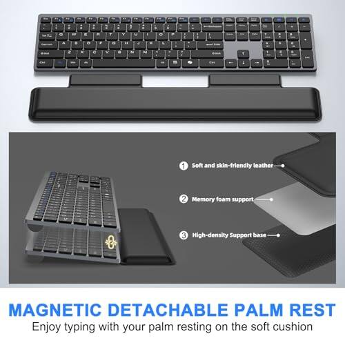 Soft and skin-friendly leather  
Memory foam support  
High-density Support base  

MAGNETIC DETACHABLE PALM REST  
Enjoy typing with your palm resting on the soft cushion