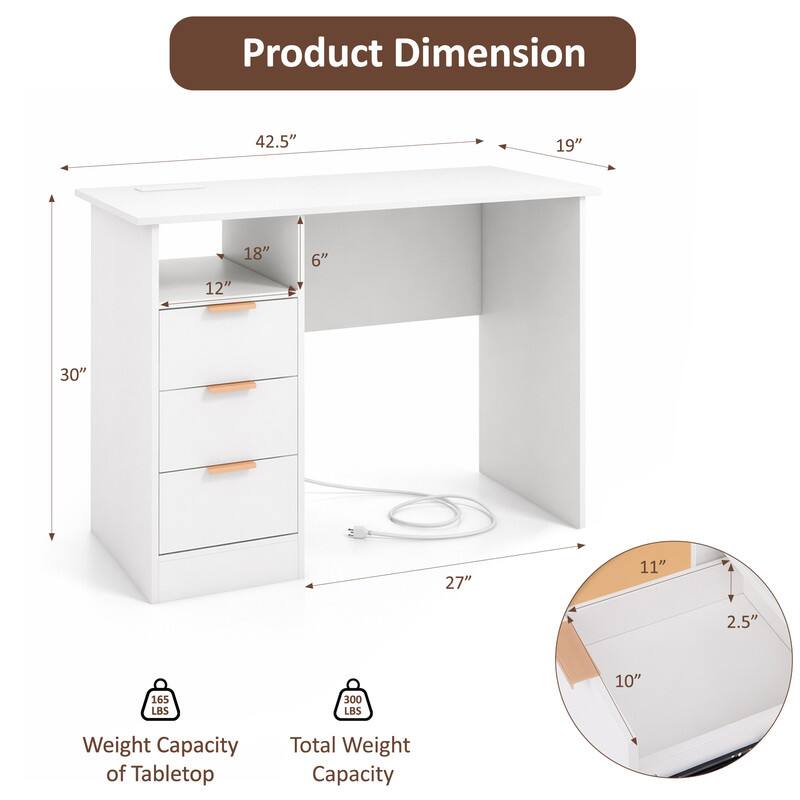 Product Dimension

- 42.5" 
- 19" 
- 30" 
- 18" 
- 12" 
- 6" 
- 27" 
- 11" 
- 2.5" 
- 10"

Weight Capacity of Tabletop: 165 LBS

Total Weight Capacity: 300 LBS